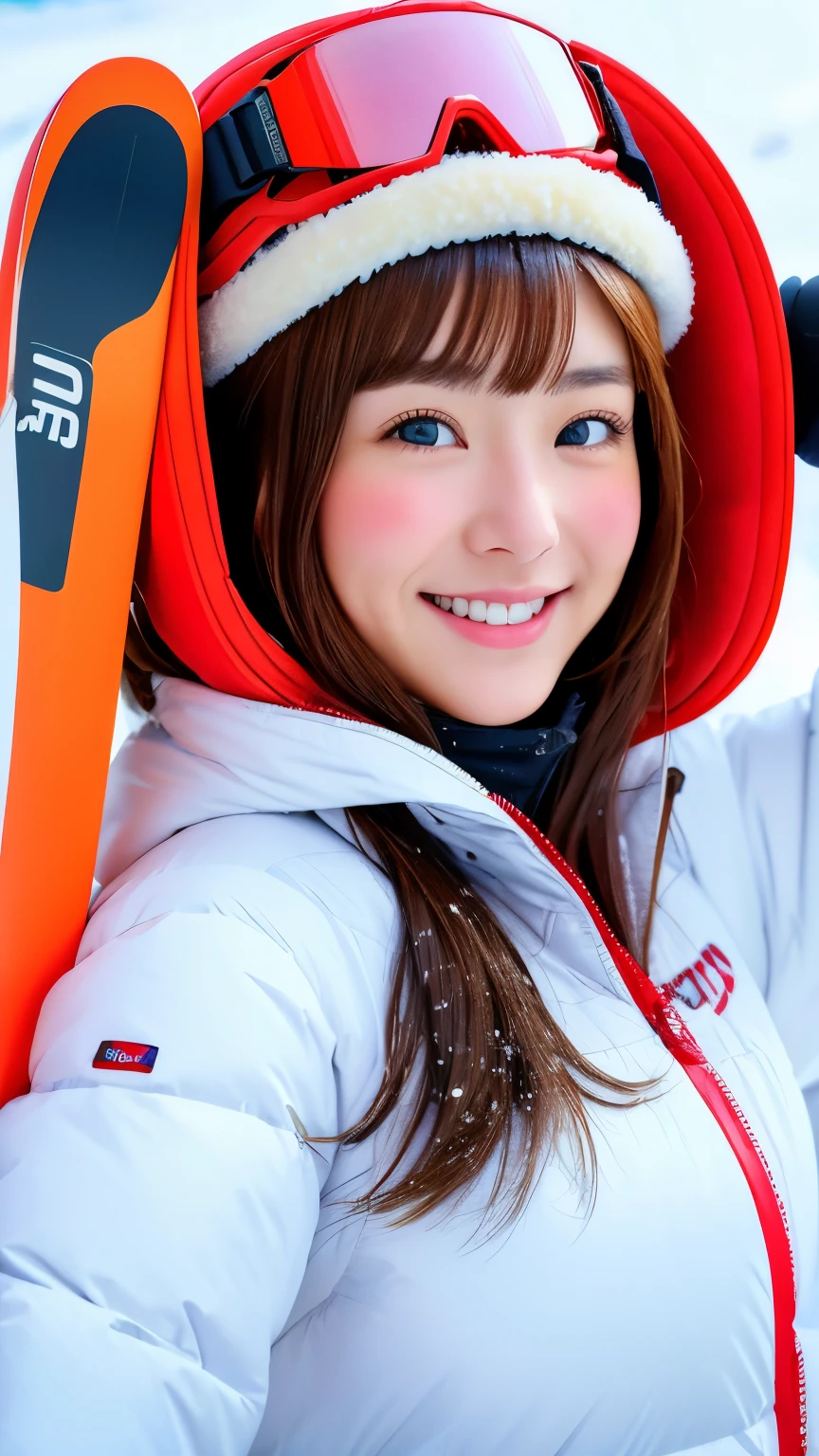 realistic, 1 girl, shining eyes, smile、brown hair、Ultra high definition、20-year-old、Ski resort、snow、ski wear、big breasts、goggles、beautiful eyes、snow board