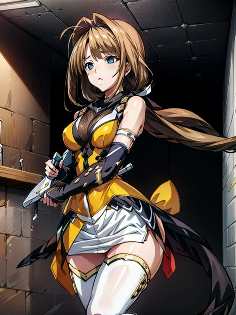 (hyper extreme detailed),(masterpiece),(hyper extreme),(realistic),cg,Lastration,novel iLastration,1 girl,takamori_Haruka,ninja,white mini skirt, yellow cloth,white legwear,,hypnorolla,empty eyes,(futuristic laboratory interior:1.4),upright