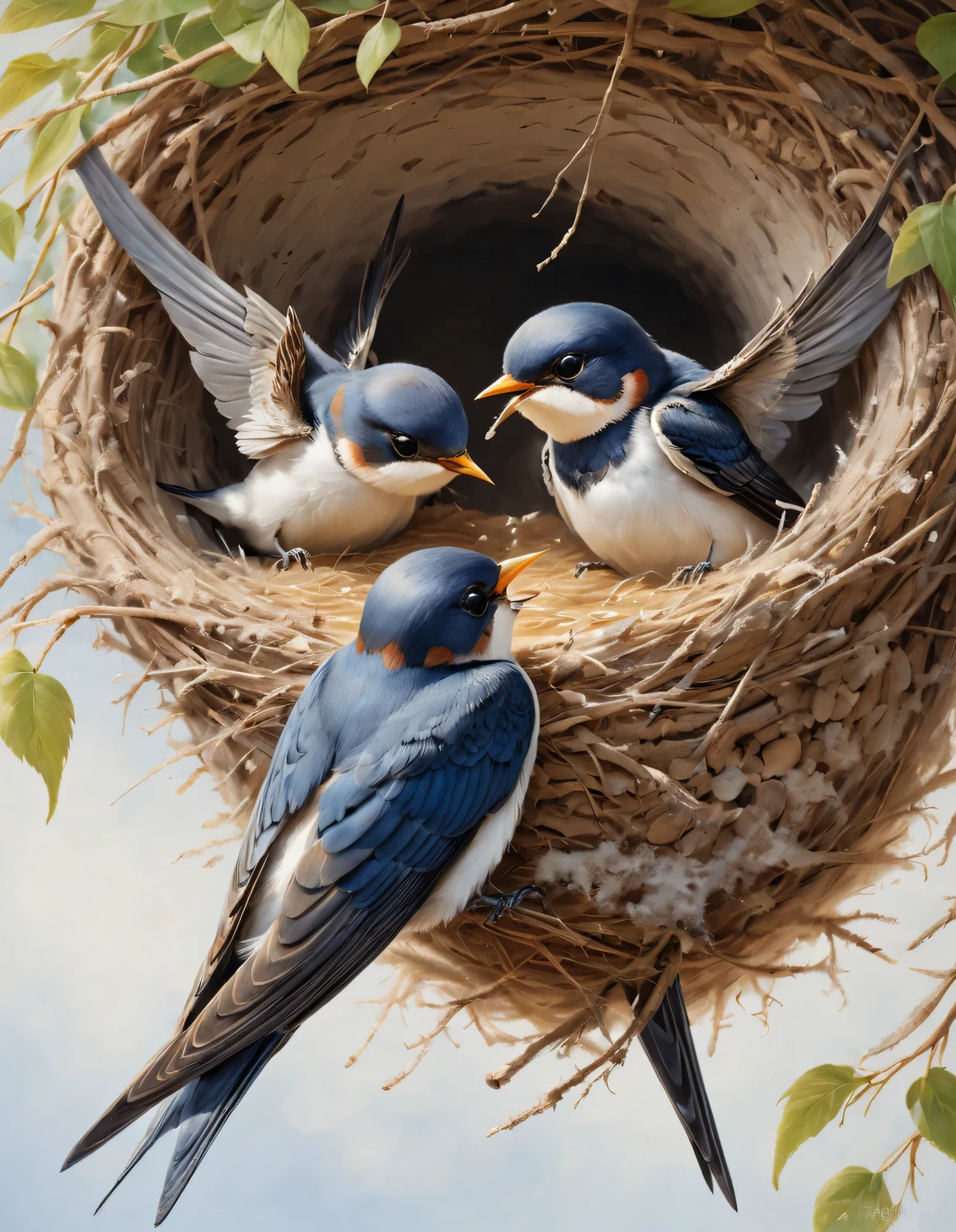 Gouache style, Beautiful detailed ，（Mother swallow is feeding the little swallow in the nest），（Two little swallows open their mouths，Use their young mouths to fight for the little bugs brought by their mothers。.），（Snowy 0.6），in the sun，The feathers of the little swallow shine with blue-black luster，Each piece is like a carefully polished gem，Exudes a charming light，
Nests are often found in human dwellings.，in the gaps between bridges and other buildings，Sometimes they also build nests in tree holes。The nest is mainly made of a mixture of mud and saliva，cup or disk，There are multiple chambers inside，Used for hatching eggs。The nest has a rough appearance，Color is gray or brown，It&#39;s smoother inside，The color is slightly lighter，background：White painted mud house