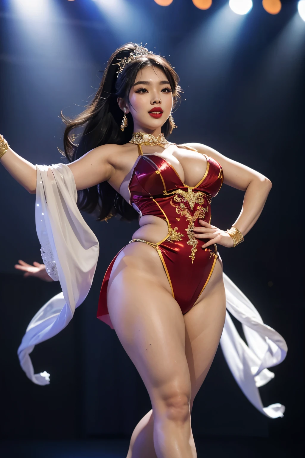 Masterpiece, highest quality, high resolution, solo performance, plump, beautiful Asian lady, wearing jazz dance outfit, voluptuous curves, radiating confidence, vibrant stage lights illuminating her shimmering skin, expressive, passionate facial expressions, playful, twirling around, graceful movements, red lipstick, long flowing hair, spotlight highlighting her sultry figure.