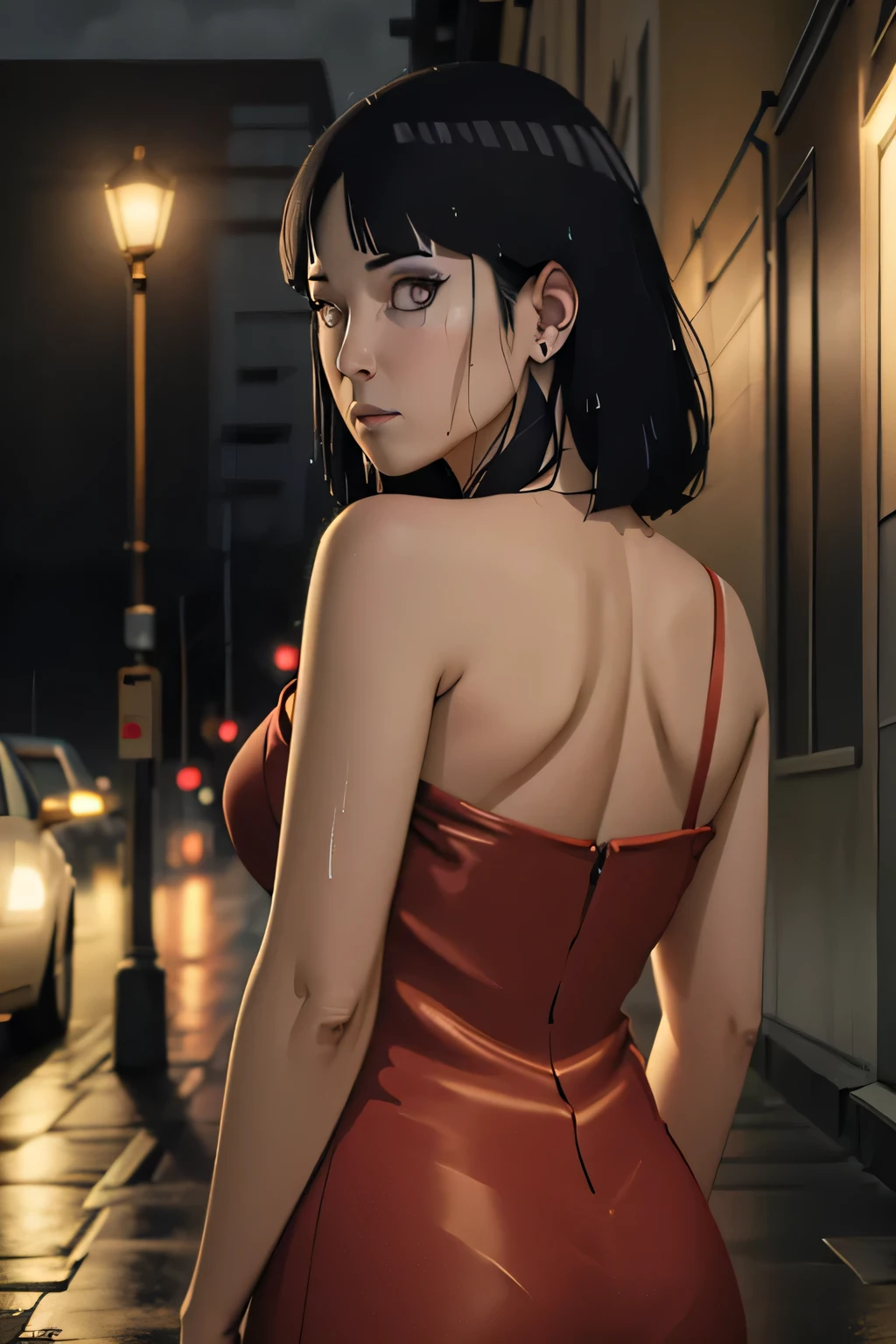 1girl,solo,long hair,Rough skin,from back,face focus,(looking at viewer:1.2),wet hair,dark,polaroid,(depth_of_field:1.5),rainy days,outdoors,street,hair between eyes,moody lighting,Tyndall effect,Cinematic Lighting,night,lamppost,lens flare,available light,rim light,glowing neon lights,curvy,Red silk dress,korea girl,