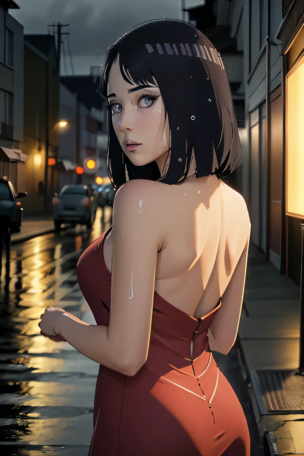 1girl,solo,long hair,Rough skin,from back,face focus,(looking at viewer:1.2),wet hair,dark,polaroid,(depth_of_field:1.5),rainy days,outdoors,street,hair between eyes,moody lighting,Tyndall effect,Cinematic Lighting,night,lamppost,lens flare,available light,rim light,glowing neon lights,curvy,Red silk dress,korea girl,