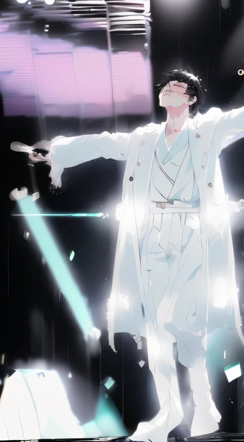 black hair, ahog, Bangs, short hair, aqua eyes, amber eyes, faint smile, naughty, nose blushing, Minimalism, anime style, Fuji color, expected insert, close up, Head-up shooting, UHD 阿拉菲wearing white clothes,perform on stage with arms spread wide, in a flowing white tailcoat, Shiny after the rain, he is a rock star, The facial features are very three-dimensional,park Jimin, this is style, Jimin, wearing white clothes, Inspired by Bian Shoumin, Wallpapers – 1 0 2 4, The background is heavenly, Hengtai, cai xukun, flowing white robe