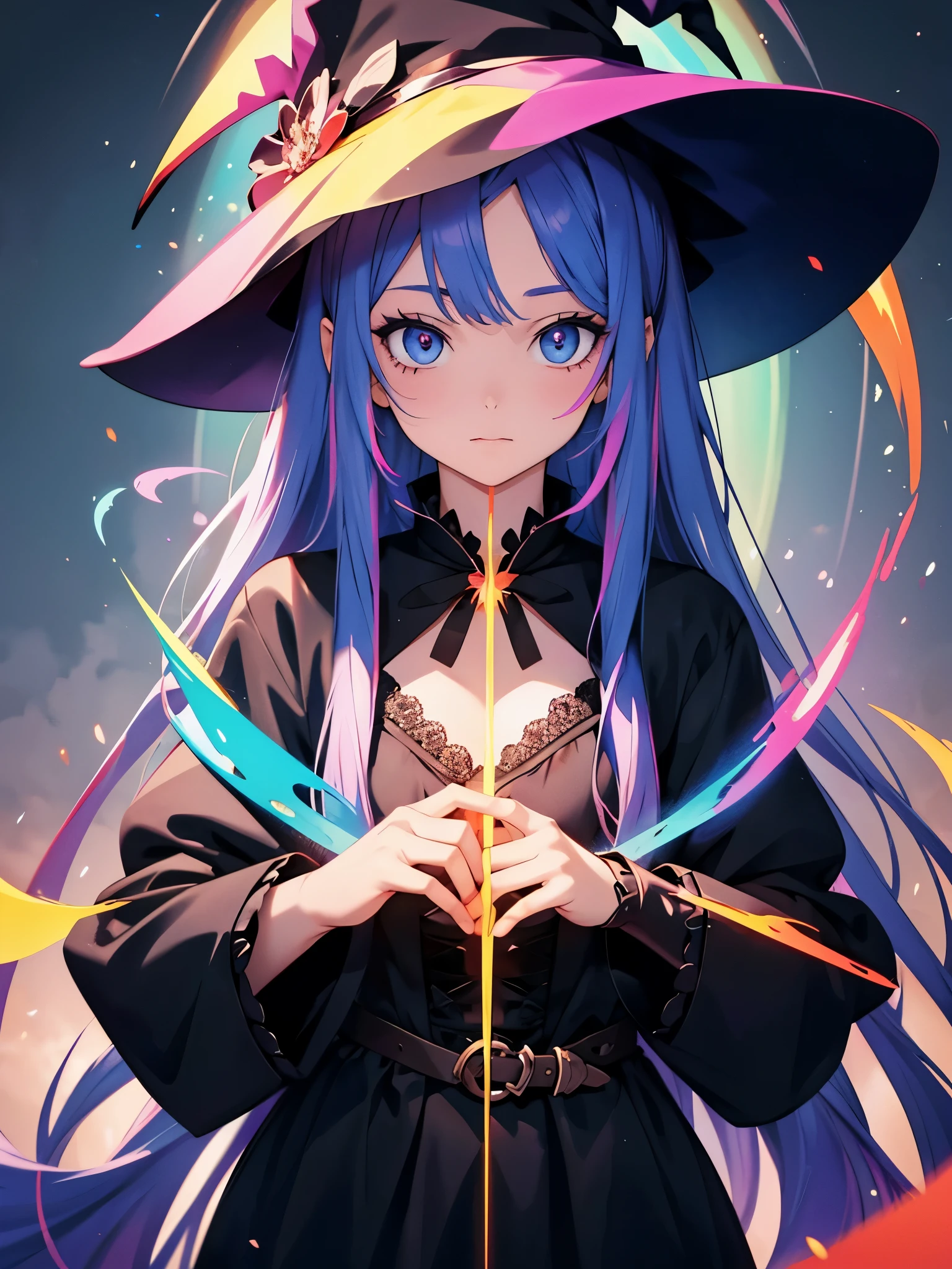 Witch,1girl,rainbow hair,rainbow eyes, masterpiece,8K,HD,hyperdetailed,anime