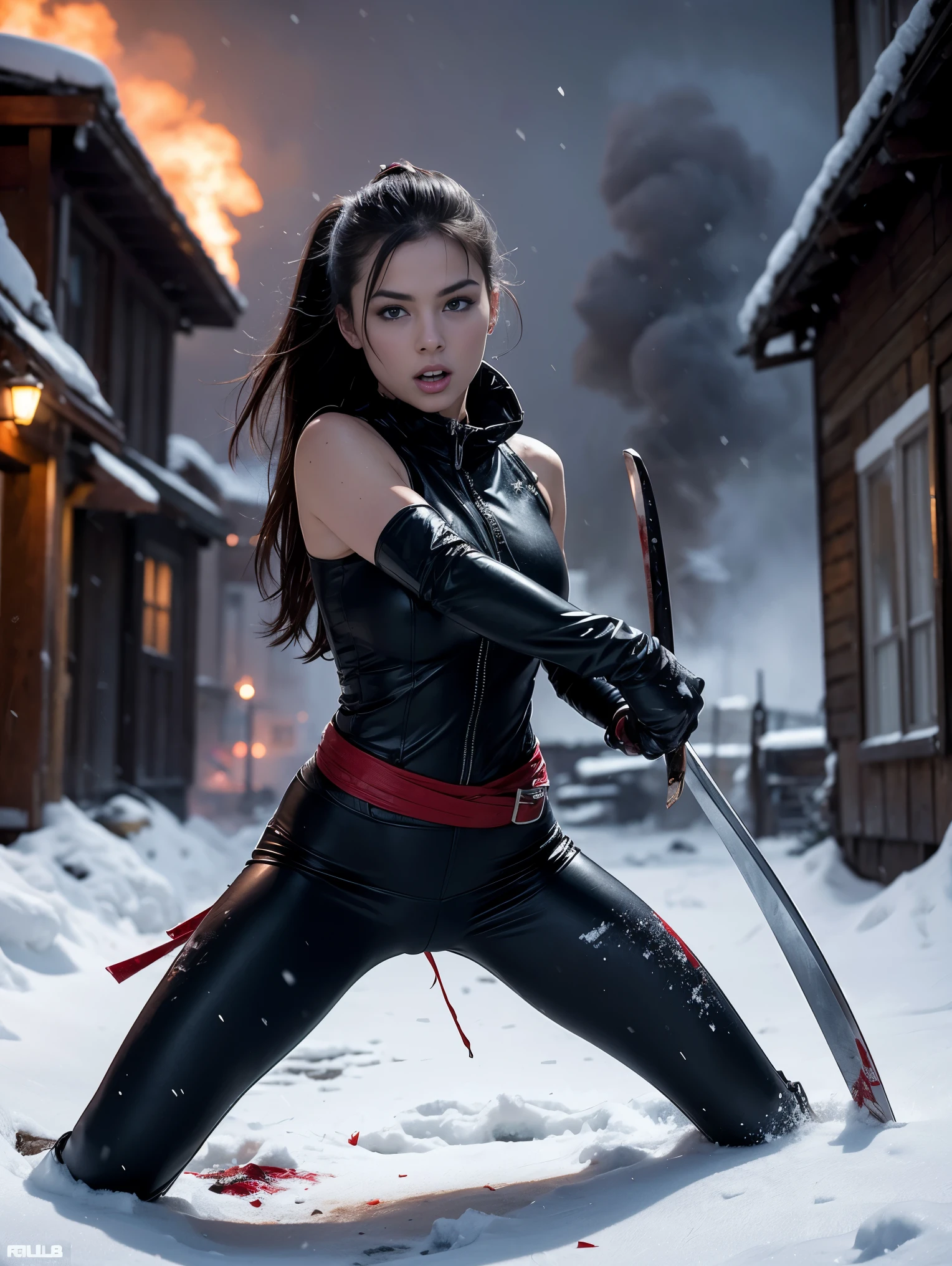 An ultra hot gorgeous European woman, age 23, in action pose, she’s holding a katana. Body covered of blood and blood splatter. She’s full of fury and anger. Outside, in the snowy streets of a town after a disaster. Flames, heavy smoke.
