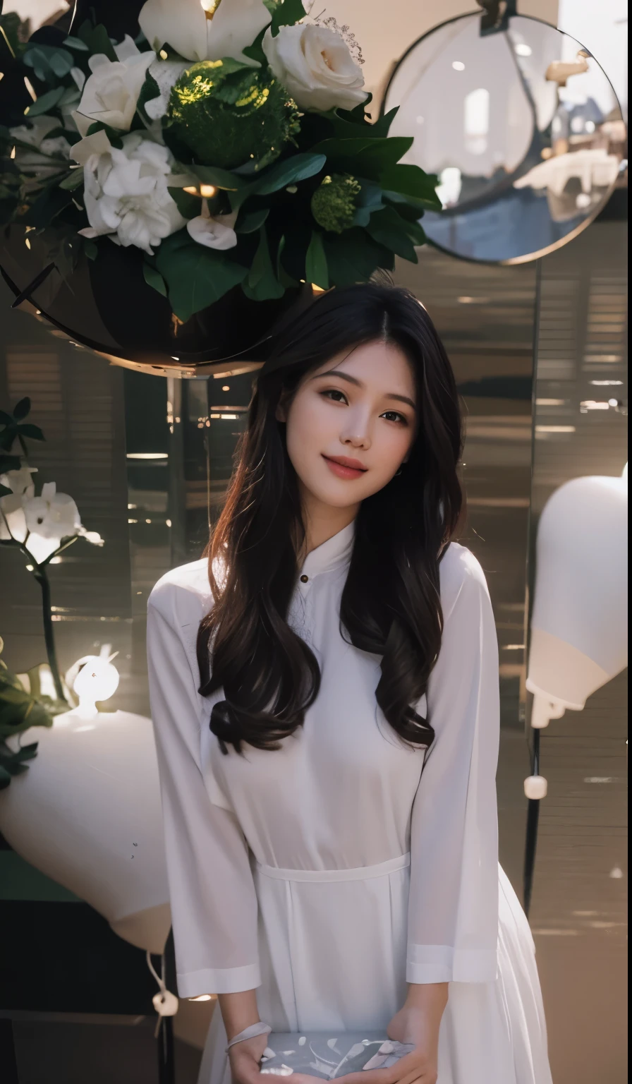 Best quality,masterpiece,ultra high res,(photorealistic:1.4),1 girl, solo,young and beautiful girl , 20 years old , long hair , wearing white Ao Dai , full body portrait , artistic style , bright light , posing on the streets of Paris , Taken with a Canon EOS 5D Mark IV, with the exposure adjusted to soften the light