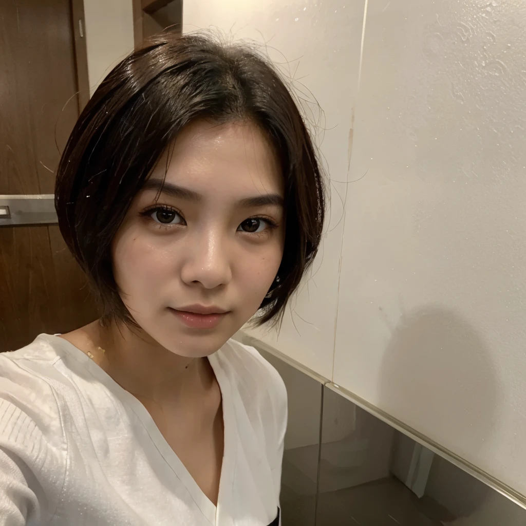 20 years old hong kong handsome girl, small eyes, beautiful face, closeup selfie, one-length short hair