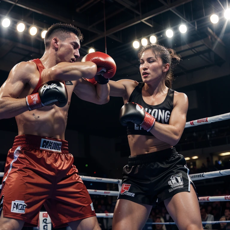 a huge crowd of cheering spectators, intense boxing match, sweat dripping off the boxers' bodies, powerful punches, fast-paced action, boxing gloves, referee in the ring, knockout blows, adrenaline-filled atmosphere, action-packed moments, fierce competition, roaring cheers, boxing ring, determination in the boxers' eyes, victory and defeat, boxing championship, professional lighting, dynamic movements, physical strength, boxing shorts, boxing gloves hitting the punching bag, boxing training, boxing coach, boxing techniques, boxing strategy, boxing ring announcer, boxing match commentary, boxing championship belt, boxing gym, boxing match on a big screen, boxing ring ropes