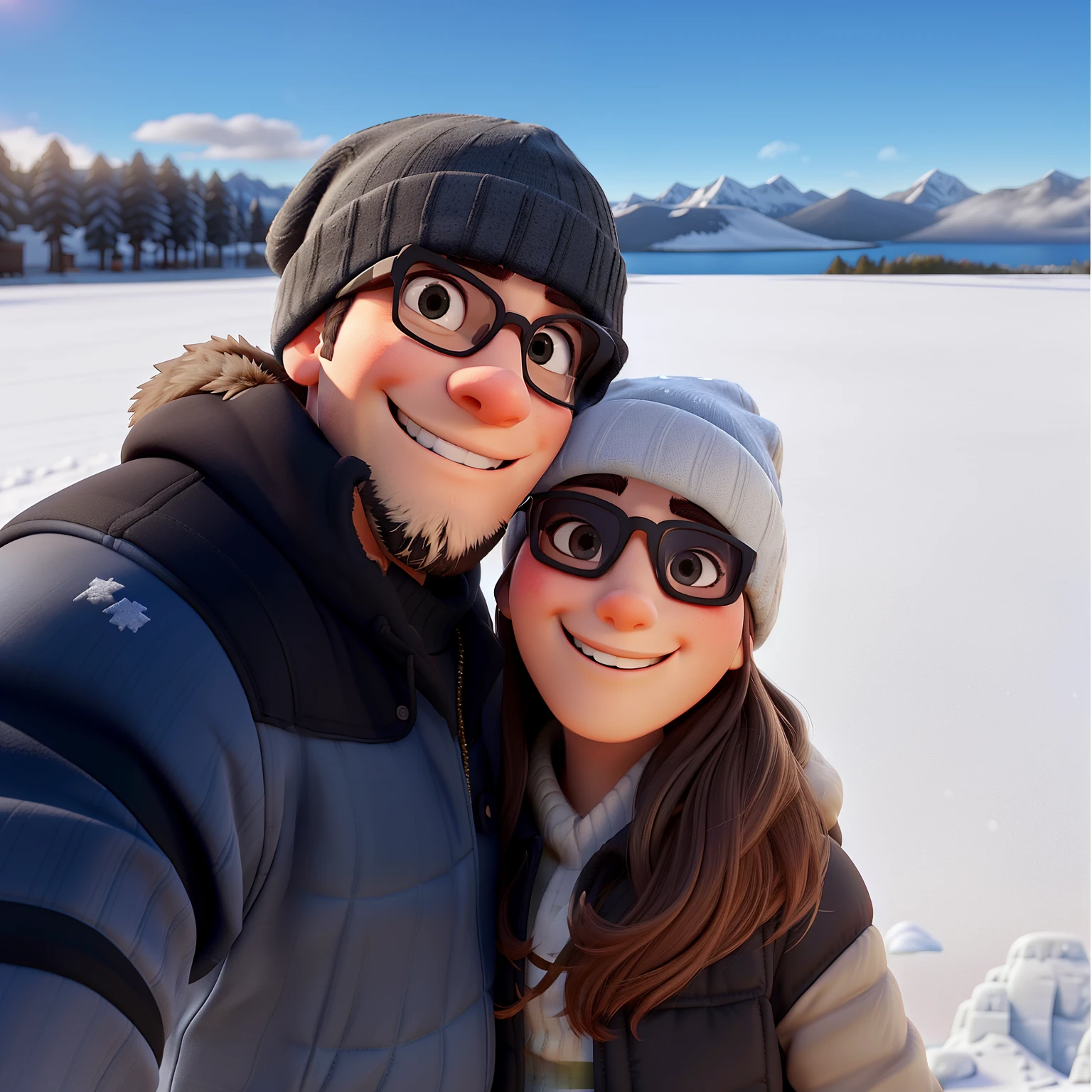 Um casal estilo disney pixar, alta qualidade, melhor qualidade. In the image, there's a smiling couple taking a selfie. Both are wearing sunglasses and beanies, indicating they are in a cold environment with snow in the background. The person on the left, presumably a man, is wearing a black beanie and glasses with a black frame and clear lenses. He has a short, dark beard, and an open smile that reveals his teeth. The person on the right, presumably a woman, is wearing a light gray beanie and sunglasses with a black frame and dark lenses. Her light brown hair is visible beneath the beanie, and she has a smile showing her teeth. In the background, there is a winter landscape with a frozen and snow-covered lake and distant mountains under a clear sky.