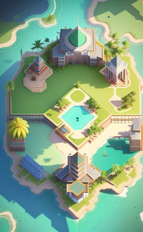 game map,( game concept art design:1.1), isometric art, (cartoon hand drawn style:1.2), simple geometry,(colorful:0.6),detail,flat game art,3d,low mesh, overlooking,viewed from above,plat,(bush,:1.2),(night:1.3),(interiors:1.3),surrounding walls, stone pillars, flat land in the middle, tropical rainforest, coconut trees, shrubs, grass,game engine rendering, super high quality rendering, crisp lines, geometry,masterpiece,best quality,official art,C4D,extremely detailed CGunity 8K wallpaper, highly detailed, illustration,unreal engine,artstation,unreal 5, daz, hyperrealistic, octane render, high-quality shadows, istana kecil warna biru, kapal bajak laut di pinggir sungai