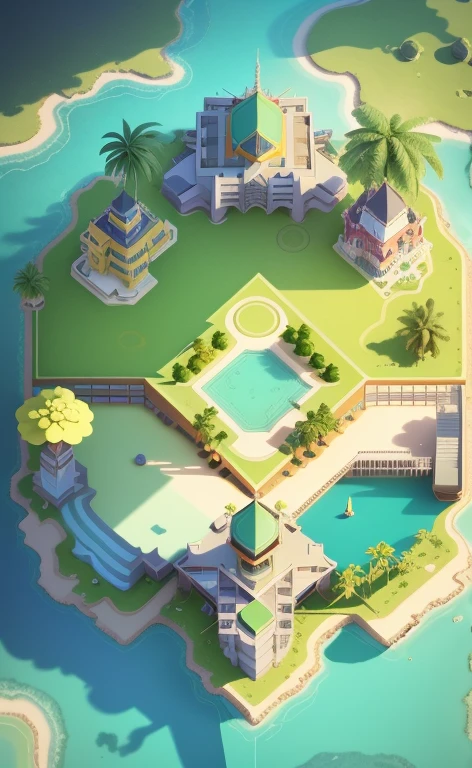 game map,( game concept art design:1.1), isometric art, (cartoon hand drawn style:1.2), simple geometry,(colorful:0.6),detail,flat game art,3d,low mesh, overlooking,viewed from above,plat,(bush,:1.2),(night:1.3),(interiors:1.3),surrounding walls, stone pillars, flat land in the middle, tropical rainforest, coconut trees, shrubs, grass,game engine rendering, super high quality rendering, crisp lines, geometry,masterpiece,best quality,official art,C4D,extremely detailed CGunity 8K wallpaper, highly detailed, illustration,unreal engine,artstation,unreal 5, daz, hyperrealistic, octane render, high-quality shadows, istana kecil warna biru, kapal bajak laut di pinggir sungai