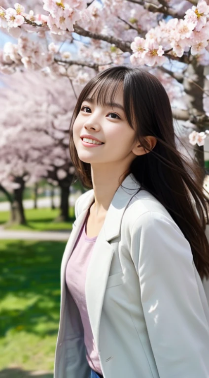 (slender small breasts and long hair,,、Close up portrait of one girl with dull bangs in spring coat and shirt :1.5)、(Low angle shot of a girl dancing happily、hair fluttering in the wind :1.5)、(Rows of cherry blossom trees in full bloom and cherry blossom petals dancing in the wind:1.5)、(perfect anatomy:1.3)、(no mask:1.3)、(full finger:1.3)、realistic、photograph、table top、highest quality、High resolution, delicate and beautiful、perfect face、beautiful and fine eyes、Fair skin、real human skin、pores、((thin legs))、(black hair)