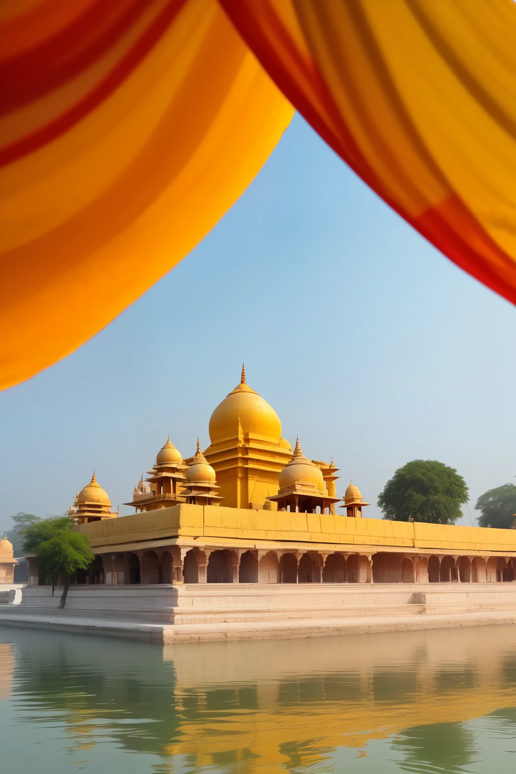Masterpiece photography highlighting Ayodhya's cultural significance:
A top-tier, panoramic view of Ayodhya showcasing the widespread display of Kesari flags against a brilliant blue sky. The sun casts a golden glow on the ancient city, illuminating its unique charm and historical significance. The Kesari flags flutter elegantly in the gentle breeze, adding vibrant hues of saffron to the scene, reflecting the deep-rooted traditions and devotion of its people. Ayodhya's architectural wonders, including intricately carved temples and majestic ghats, form the backdrop of this breathtaking photograph - a test