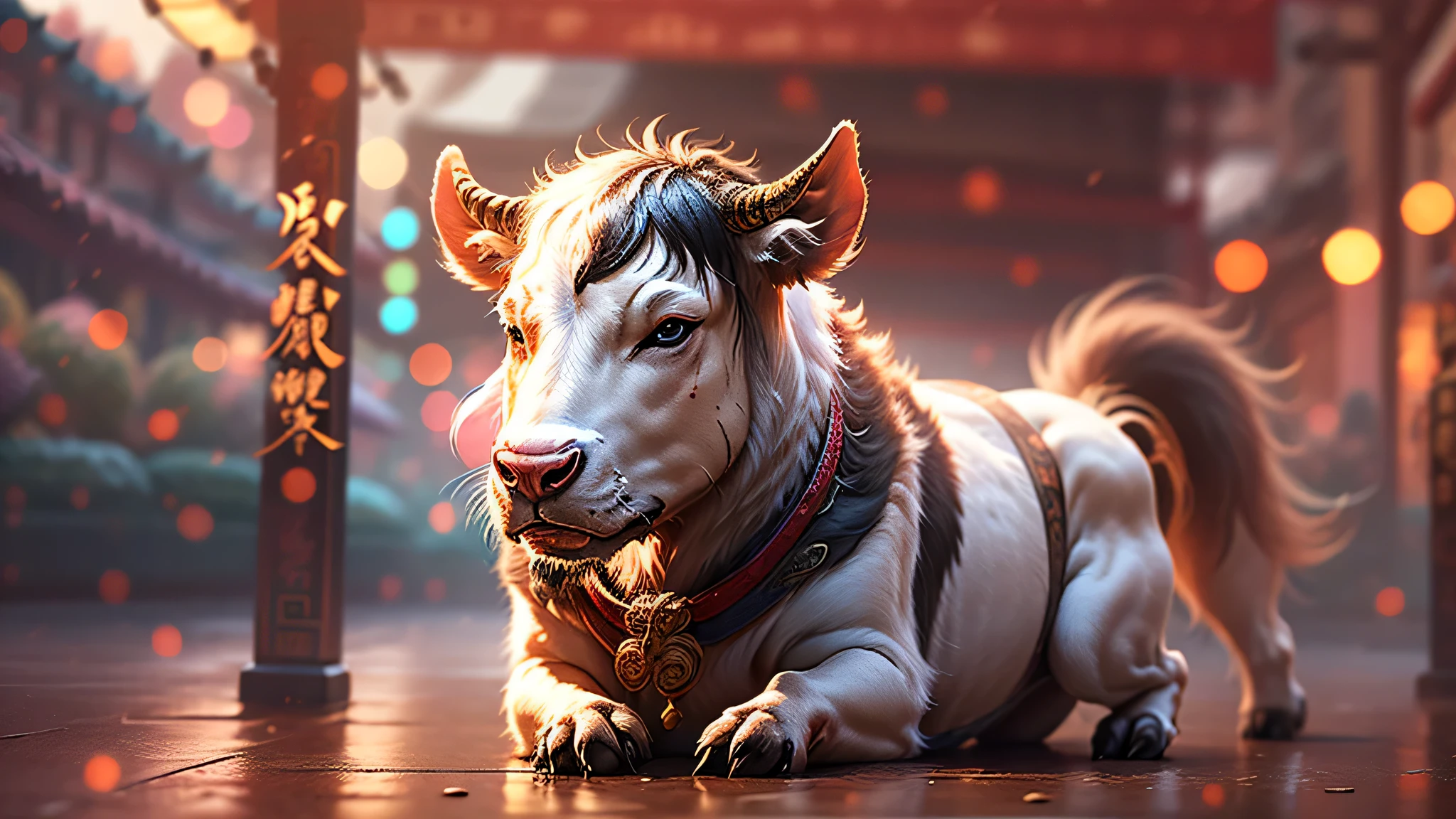 (Chinese mythology动物牛+Chinese mythology+Full of life), Ultra-realistic 3D rendering, (masterpiece+best quality+high detail), exclamation gesture,Authentic reproduction of award-winning photography+Reproduce the best visual effects, perfect shot, Get an eye-catching poster! clear focus, depth of field。
