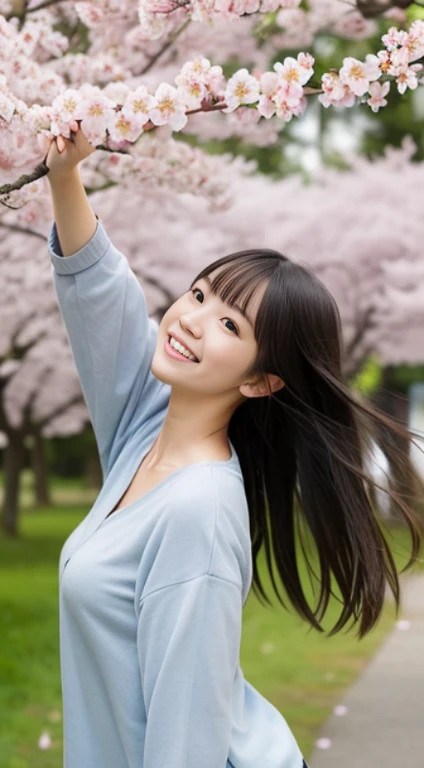 (slender small breasts and long hair,,、Close up portrait of one girl with dull bangs in spring coat and shirt :1.5)、(Low angle shot of a girl dancing happily、hair fluttering in the wind :1.5)、(Rows of cherry blossom trees in full bloom and cherry blossom petals dancing in the wind:1.5)、(perfect anatomy:1.3)、(no mask:1.3)、(full finger:1.3)、realistic、photograph、table top、highest quality、High resolution, delicate and beautiful、perfect face、beautiful and fine eyes、Fair skin、real human skin、pores、((thin legs))、(black hair)