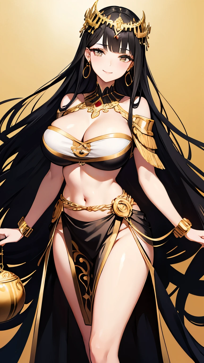 Mesopotamian goddess, long black hair, golden ornaments, short white top, open waist, short skirt, thick thighs, beautiful face, fair face, smile, golden earrings, hair ornament, cleavage line, off shoulder, curly hair, hot, big breast, goddess, high resolution, high contrast 