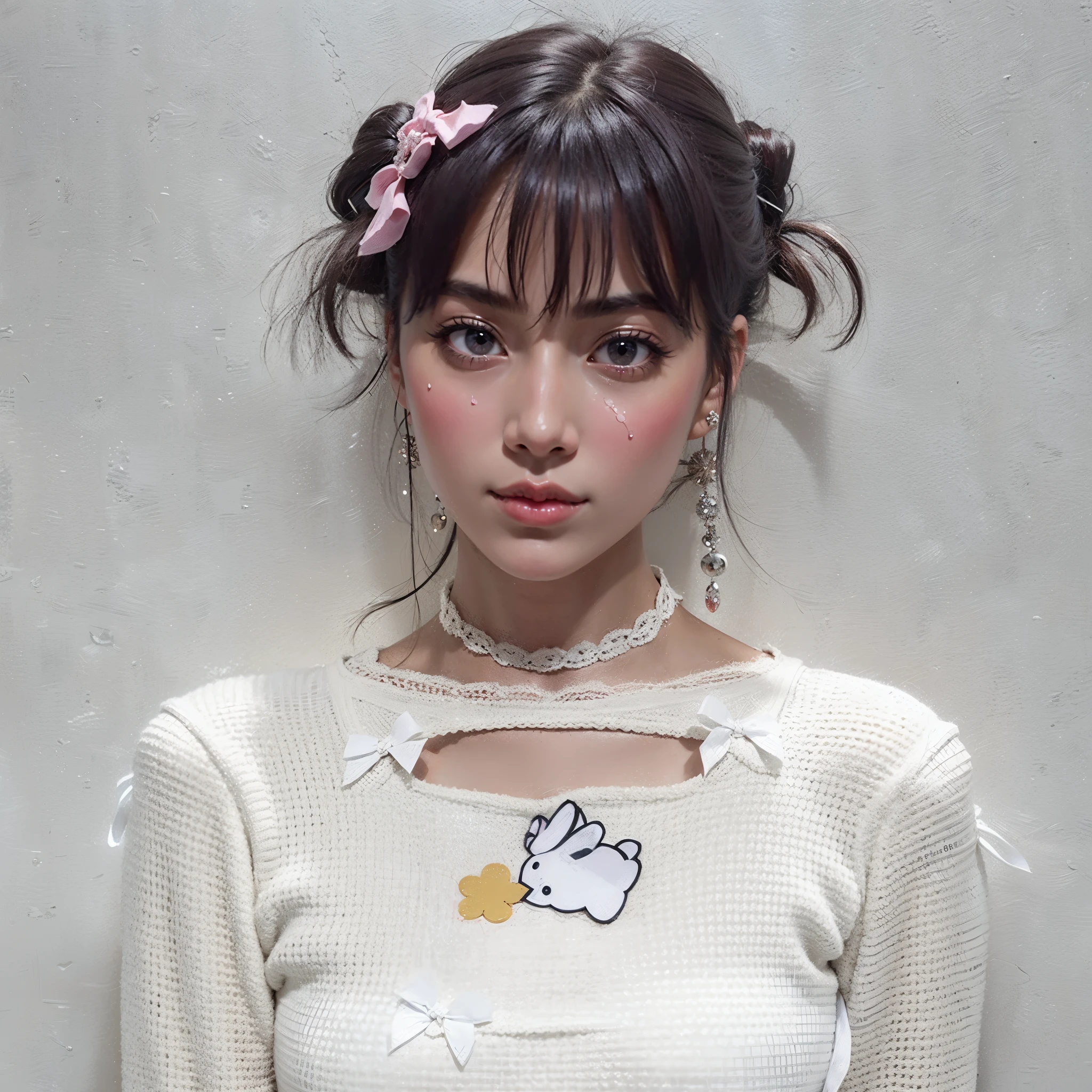Araffe Asian woman with a pink bow and a white shirt, winter aespa face. cute, with bows on the head and blouse, franjinha
