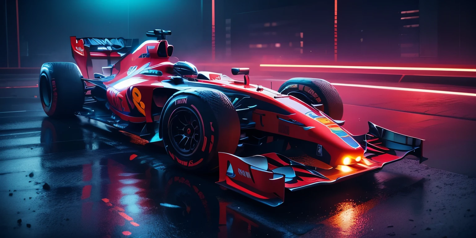 A rainy night in a cyberpunk city. The (((Red Formula 1))) bright is parked in a garage, the headlights on and the engine rumbling. The surrounding buildings are tall and slender, made of metal and glass. Neon lights flash in the windows, and the air is full of the sound of electronic music. The car is covered in rain, and the reflections of neon lights dance on the surface of the metal. The car's engine roars, and he speeds out of the garage and into the rainy night
