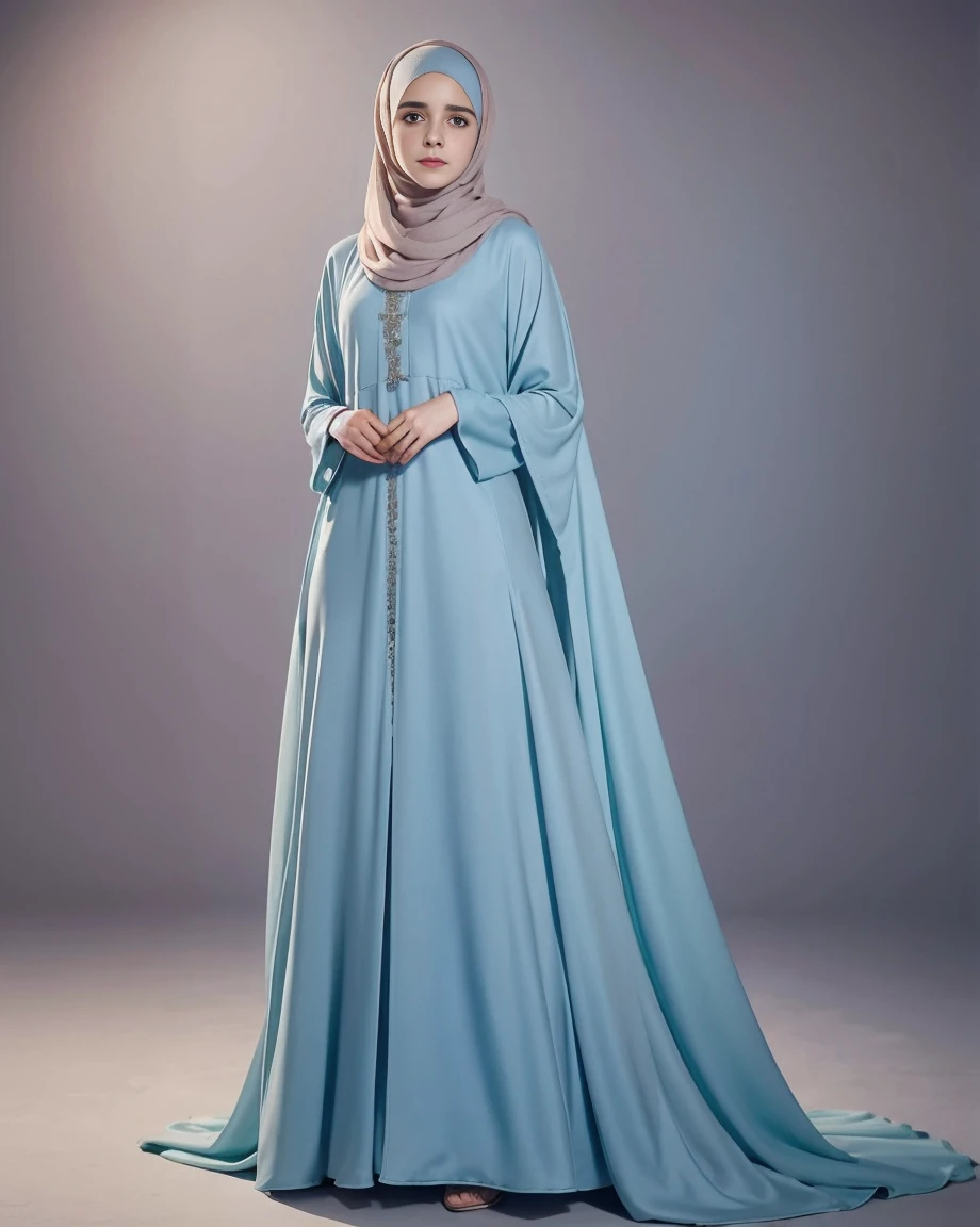 emma watson wearing hijab and pastel color abaya, half body, masterpiece