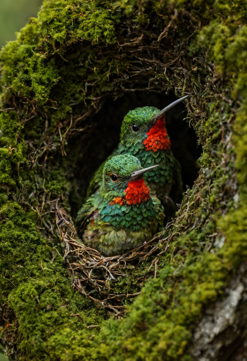 a high resolution professional macro photograph of a teacup sized moss and lichen covered hummingbird nest with two very small bright colorful hummingbirds inside, textured, highly detailed, realism, 8k resolution, fine detail, deep contrasting colors, texture, perfect composition, beautiful