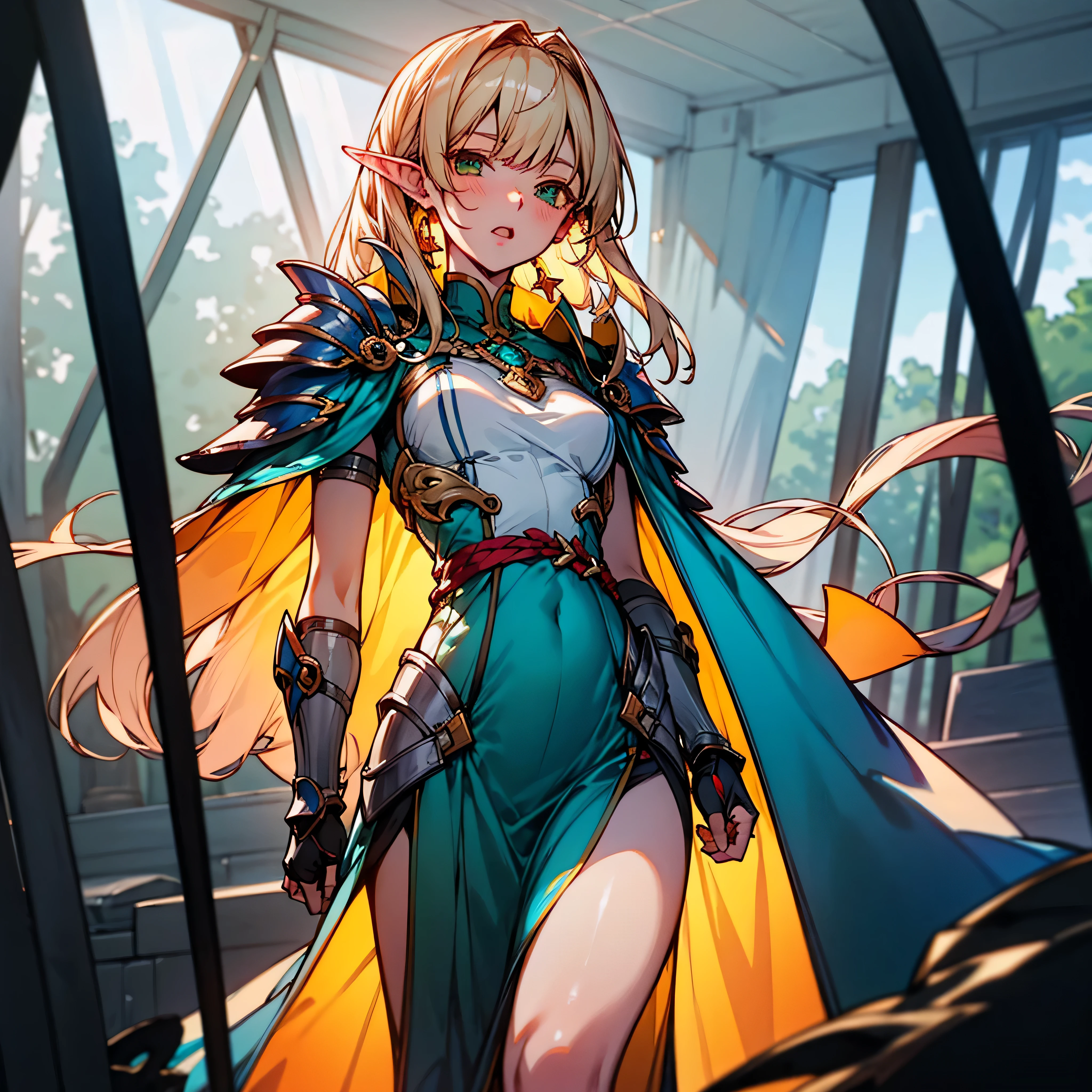 (extremely detailed fine touch:1.2), (natural light, sun light, light rays, dappled light, ray tracing:1.2), mature female , masterpiece, best quality, highly quality , ANI_CLASSIC_deedlit_ownwaifu, www.ownwaifu.com, pointy ears, blonde hair, long hair, elf, circlet, green eyes, long pointy ears, very long hair, breasts, medium breasts, earrings, lips, makeup, bangs, cape, armor, blue cape, shoulder armor, pauldrons, gloves, breastplate, belt, green dress, short dress, looking at viewer, blush, open mouth, standing, (Masterpiece, extremely detailed CG, sharp line),deedlit, offcial art, Colorful, Beautiful Japanese anime style,Extremely detailed eyes and face,Sharp pupils,realistic pupil,In the woods、cabellos largos dorados,ears of elf,Black lace panties,Slender thighs, varies multi etc. --v 6 --s 1000 --c 20 --q 20 --chaos 100