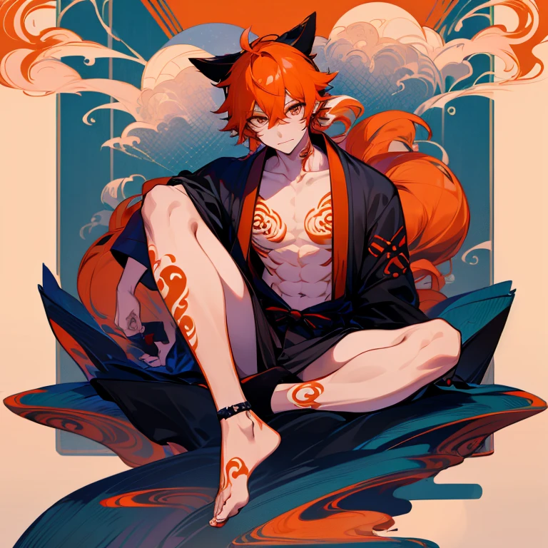 Handsome Kitsune young man, long red hair, fangs, fox ears, fox tails, kitsune mask, long nails, white robe