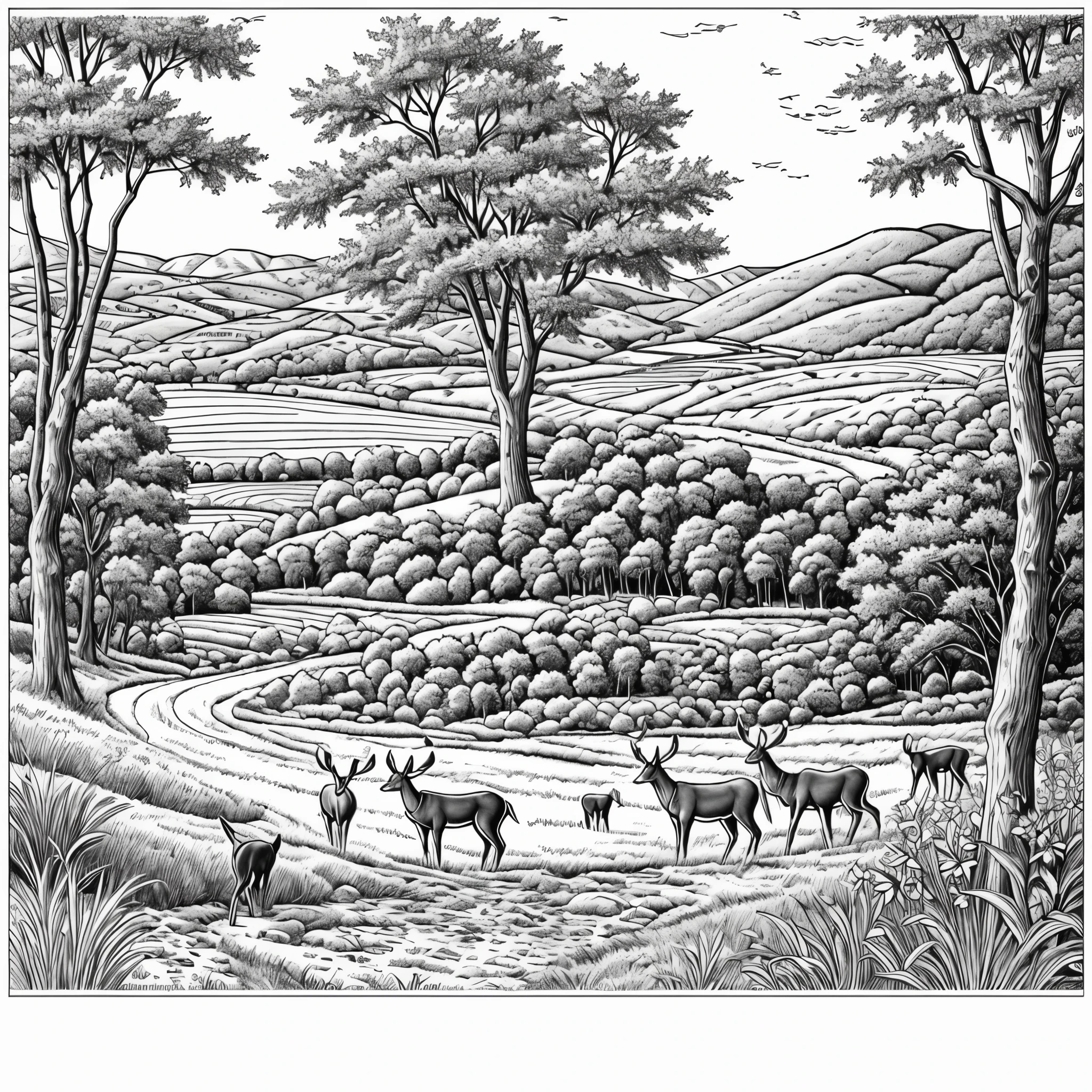 caricature d'deer hunting, Scène de campagne, Splendeur rurale, Paysage rural, belle ville, dessin au trait détaillé à l'encre propre, dessin au trait, dessin au trait à l'encre extrêmement fin, Plan du livre de coloriage, Dessin au trait parfait à la plume et à l’encre, Lignes stylisées, page de livre de coloriage, dessin au trait très détaillé, art publié, lignes d'encrage très fines de l'artiste John Sloane