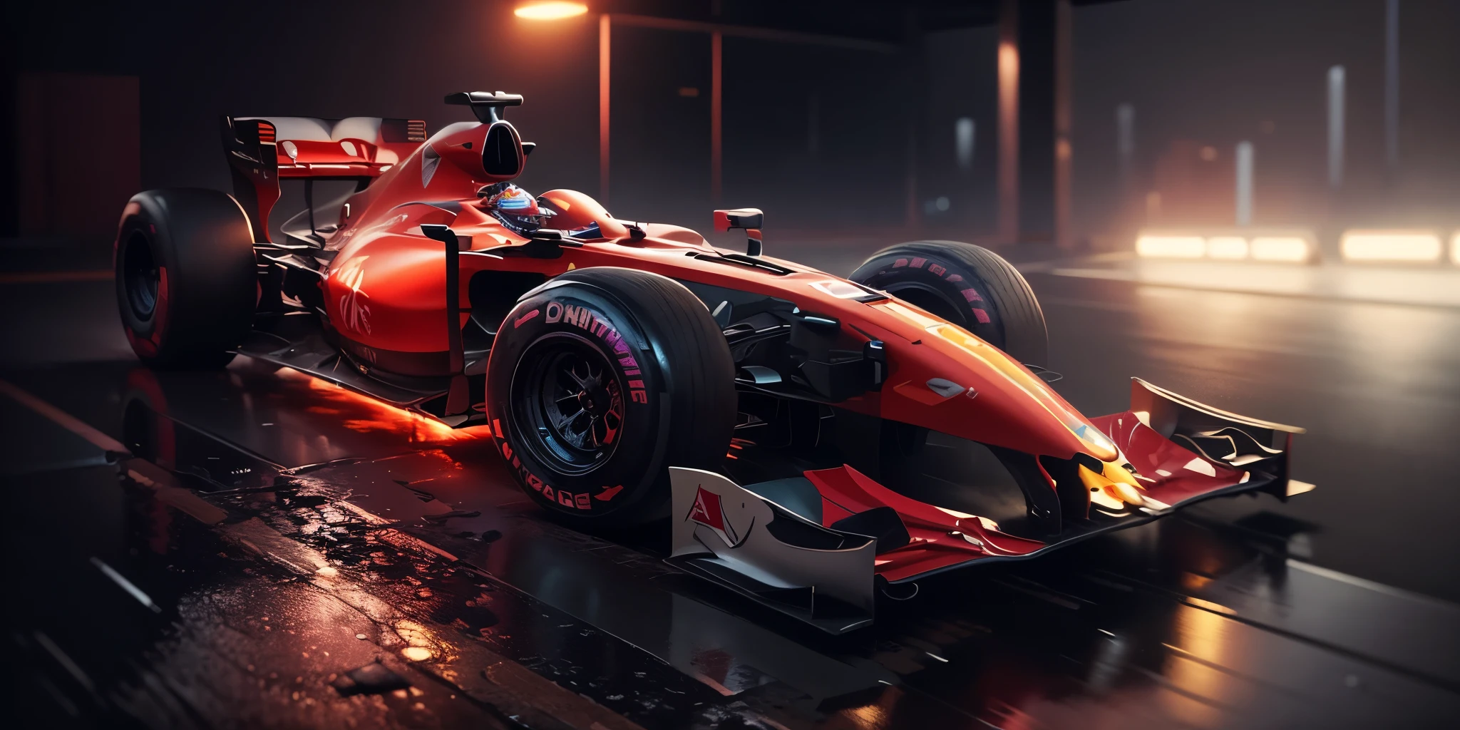 A rainy night in a cyberpunk city. The (((Red Formula 1))) bright is parked in a garage, the headlights on and the engine rumbling. The surrounding buildings are tall and slender, made of metal and glass. Neon lights flash in the windows, and the air is full of the sound of electronic music. The car is covered in rain, and the reflections of neon lights dance on the surface of the metal. The car's engine roars, and he speeds out of the garage and into the rainy night