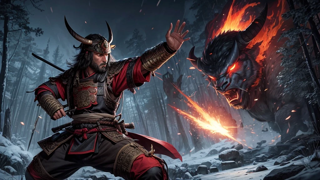 Samurai costume in ancient forest at night、Minotaur with distinctive bull head,dynamic and commanding posture