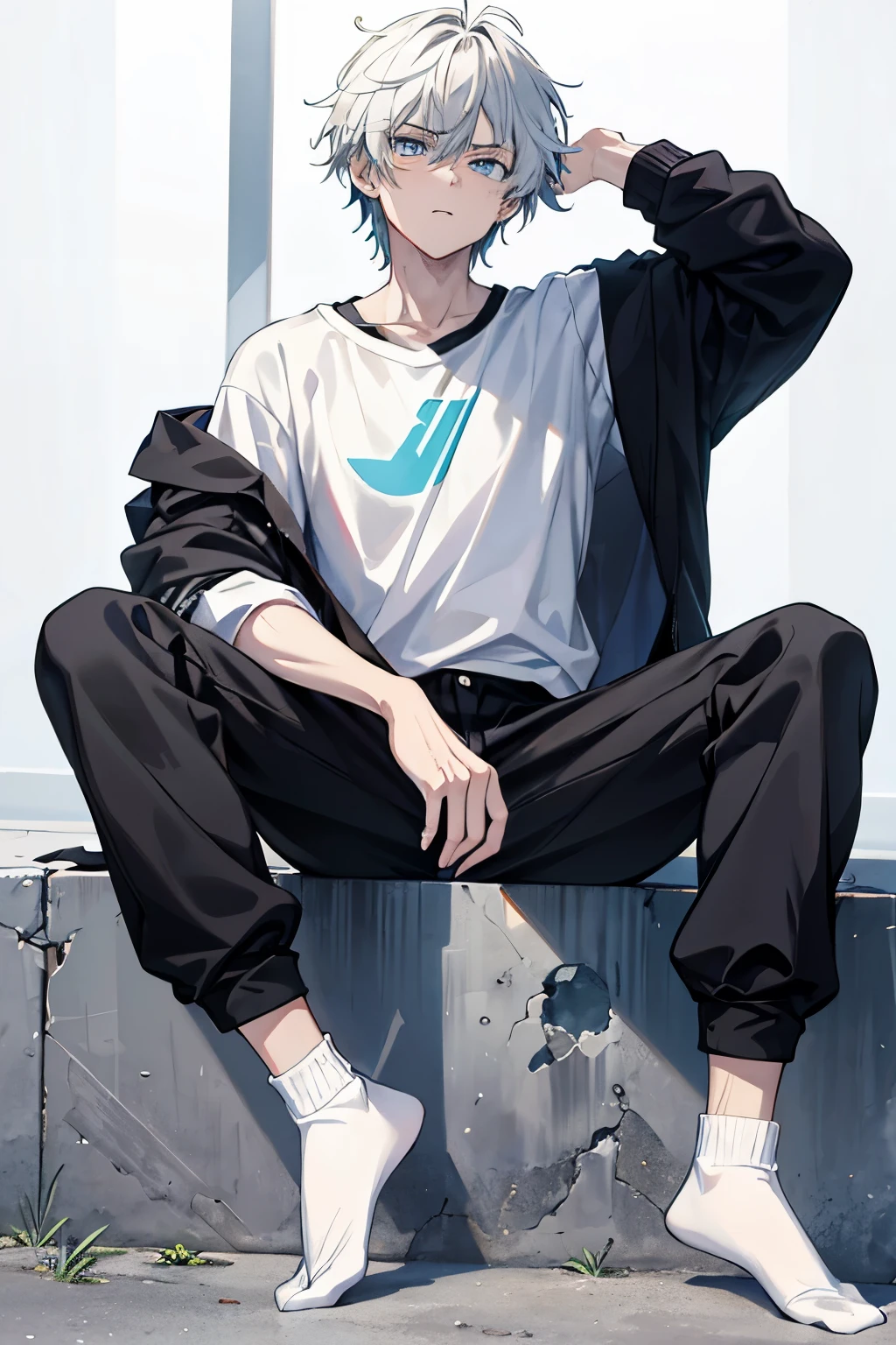 In the 9:16 aspect ratio image, an anime man is depicted from down to up, inviting the viewer's gaze. He sits on the ground with a relaxed posture, wearing only white socks and no shoes. His upper body is exposed, revealing a simple white T-shirt clinging to his muscular frame. His baggy black pants hang loosely around his legs, adding to his laid-back appearance. The man's face is expressive, with visible eyebrows and piercing, intense eyes that meet the viewer's gaze. Despite the casual attire, his pose exudes an air of confidence and charisma. This captivating anime man is sure to grab the attention of