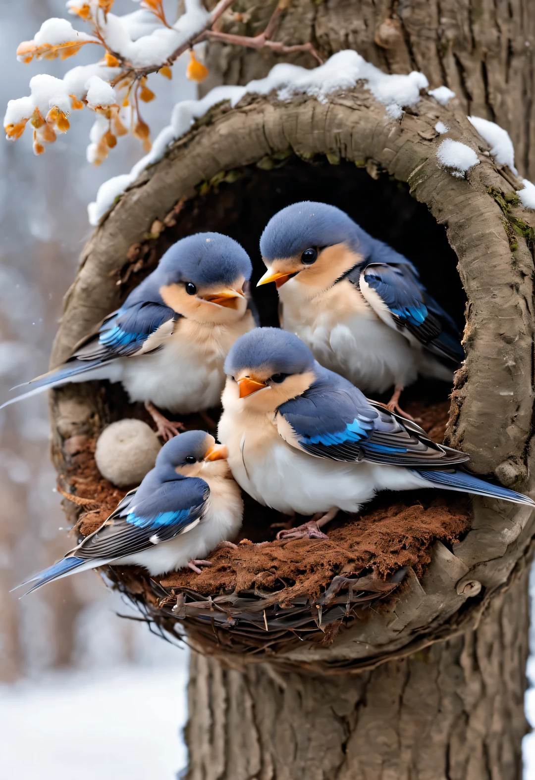 Gouache style, Beautiful detailed ，（Mother swallow is feeding the little swallow in the nest），（Two little swallows open their mouths，Use their young mouths to fight for the little bugs brought by their mothers。.），Feathers shine with blue-black sheen，Each piece is like a carefully polished gem，Exudes a charming light， The nest is sometimes built in a tree cavity，The nest is mainly made of a mixture of mud and saliva，cup or disk，The nest has a rough appearance，Color is gray or brown，It&#39;s smoother inside，The color is slightly lighter， background：（Under the snow-covered eaves：0.68），（Big nest covered with snow），（fisheye photography）