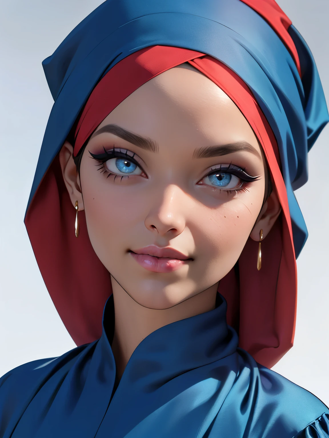3dmm style, Masterpiece, realistic, best quality, best lighting, beautiful mature Czech woman, 1 girl photo solo, beautifully makeup, eyeshadow, Parted Lips, Detailed Eyes, beautiful big eyes, long eye lashes, dimples on the cheeks, smile, wearing ((Dark blue satin hijab)), loosely tide hijab style, ((gray satin shirt and satin long skirt)), ((front view)), (close up portrait), front view, standing straight, facing the viewer.