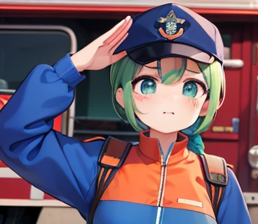 sad face , arafed woman in blue and orange uniform saluting for a fire truck, green hair , faced the front,blue cap