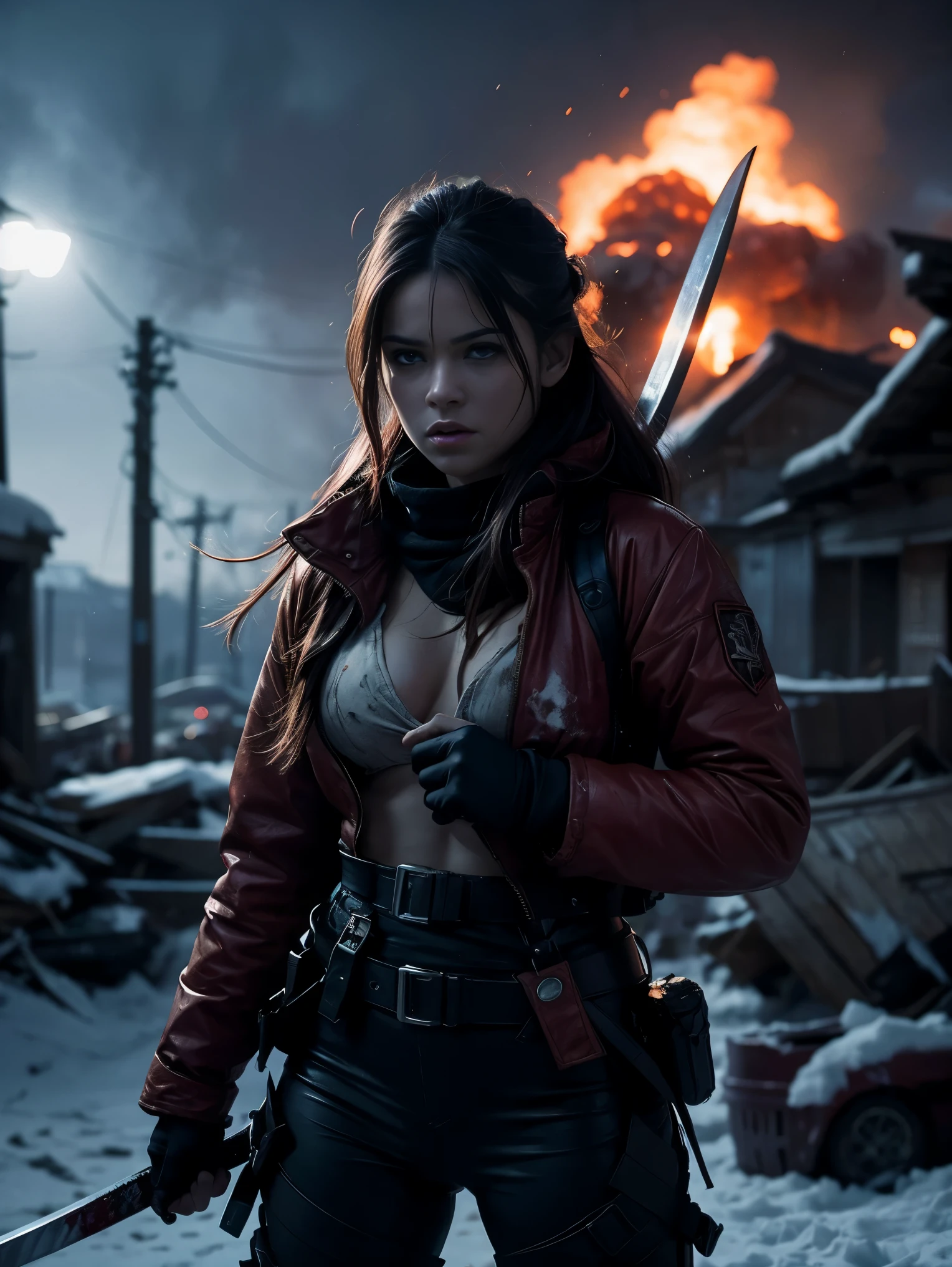 An ultra hot gorgeous European woman, age 23, in action pose,  she’s holding a katana. Body covered of blood and blood splatter.bloody face, bloody clothes, bloody body. She’s full of fury and anger. Outside, in the snowy streets of a town after a disaster. Flames, heavy smoke. Sparkles, explosions. Dramatic cinematic light. Dark atmosphere.