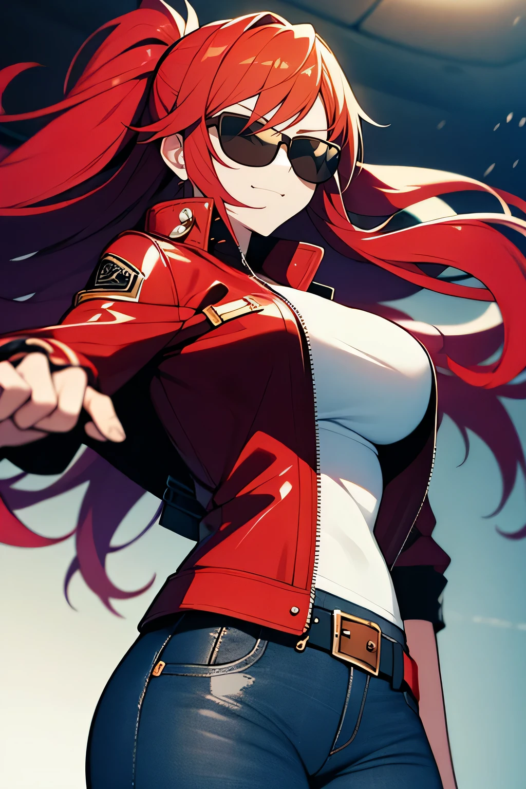 Anime boy, crimson eyes, detailed eyes, long eyelashes, dark blue hair with red gradient; long hair, red sunglasses with black lenses, happy, smiling with teeth, black leather jacket, short jacket, white shirt, dark blue jeans, leather ankle boots, heeled boots, gradient background