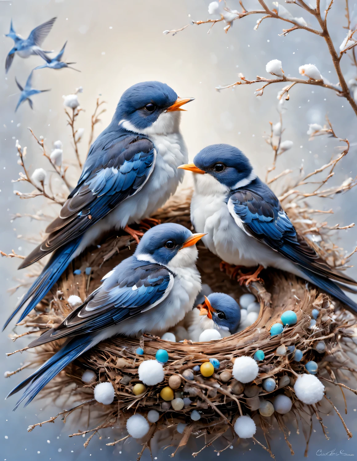 Gouache style, Beautiful detailed ，（Mother swallow is feeding the little swallow in the nest），（Two little swallows open their mouths，Use their young mouths to fight for the little bugs brought by their mothers。.），Feathers shine with blue-black sheen，Each piece is like a carefully polished gem，Exudes a charming light，
The nest is sometimes built in a tree cavity，The nest is mainly made of a mixture of mud and saliva，cup or disk，The nest has a rough appearance，Color is gray or brown，It&#39;s smoother inside，The color is slightly lighter，
background：（snow covered nest）