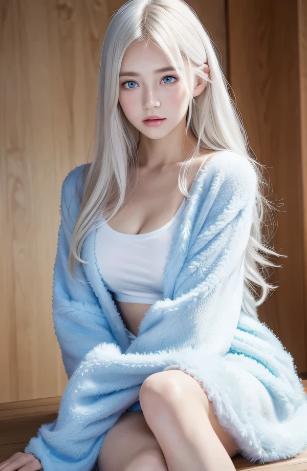 14Caucasian model at the age, 両脚でFull body photo standing,((Clean clothes)), wearing fluffy clothes, Natural light, Pretty Caucasian Woman, white hair, bright smile, (8K, Live shooting, highest quality, masterpiece: 1.2), masterpiece, super detail, , High-definition RAW color photo, Full body photo standing, , , , , highly detailed eyes, realistic skin texture, highly detailed fingers, very detailed nose, highly detailed mouth, , Photo above the knee, , See-through feeling、Transparent processing、wear fluffy clothes、, White hair, Blue eyes, masterpiece, realistic skin texture, , shiny hair and white skin, 、 natural skin texture, A young woman who looks like a girl, Photo above the knee、Blue eyes, 、lowered eyebrows, innocent face, Eyes that look gentle, natural skin texture, round face, Kind eyes, long and pure white beautiful hair、, small face, No decorations attached, white, drooping eyebrows, Mont Blanc, white, drooping eyebrows、Eyes with sparkle、Both eyes are the same shape and size、wearing night clothes
