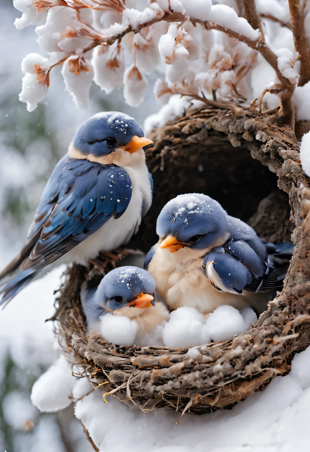 Gouache style, Beautiful detailed ，（Mother swallow is feeding the little swallow in the nest），（Two little swallows open their mouths，Use their young mouths to fight for the little bugs brought by their mothers。.），Feathers shine with blue-black sheen，Each piece is like a carefully polished gem，Exudes a charming light， The nest is sometimes built in a tree cavity，The nest is mainly made of a mixture of mud and saliva，cup or disk，The nest has a rough appearance，Color is gray or brown，It&#39;s smoother inside，The color is slightly lighter， background：（Under the snow-covered eaves：0.68），（Big nest covered with snow），（fisheye photography）