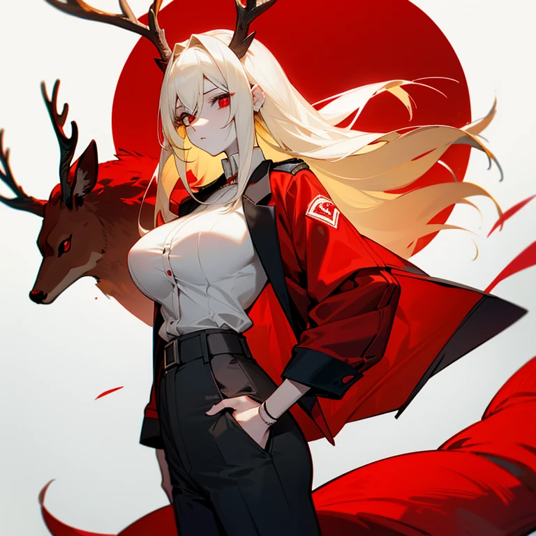 Tall blonde girl with white skin,, red circles under the eyes , red eyes, from a deer's horn, red tail deer, daemon , big breasts , shirt, fitted jacket , trousers, when