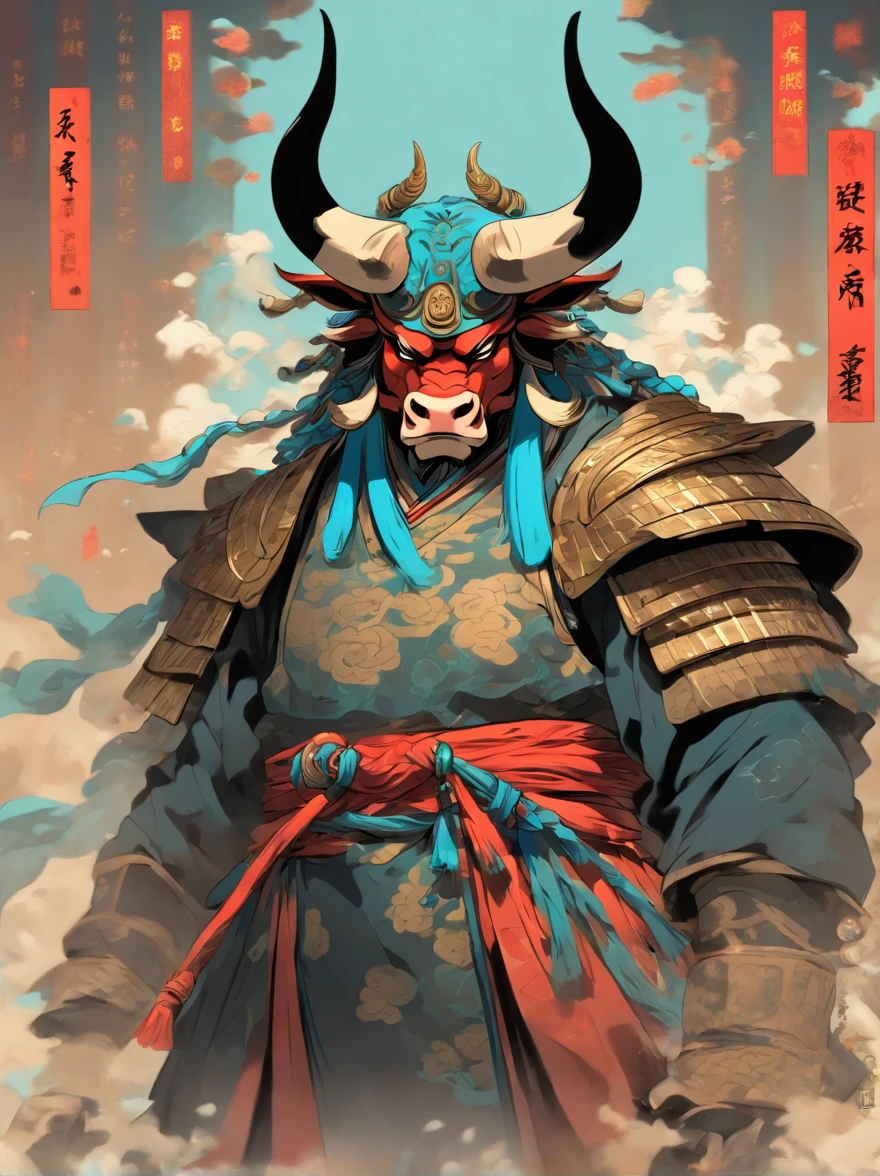 希腊神话中的bull head怪,Wearing Chinese armor,He wears a blue robe over his armor,Inspired by mountains and sea,bull head,cow horn,armor,Long-handled weapon,longspear,Moon Ox Warrior, Anthropomorphic samurai cow,Chinese traditional conceptual art,Black Bull Warrior,Asura in Chinese mythology