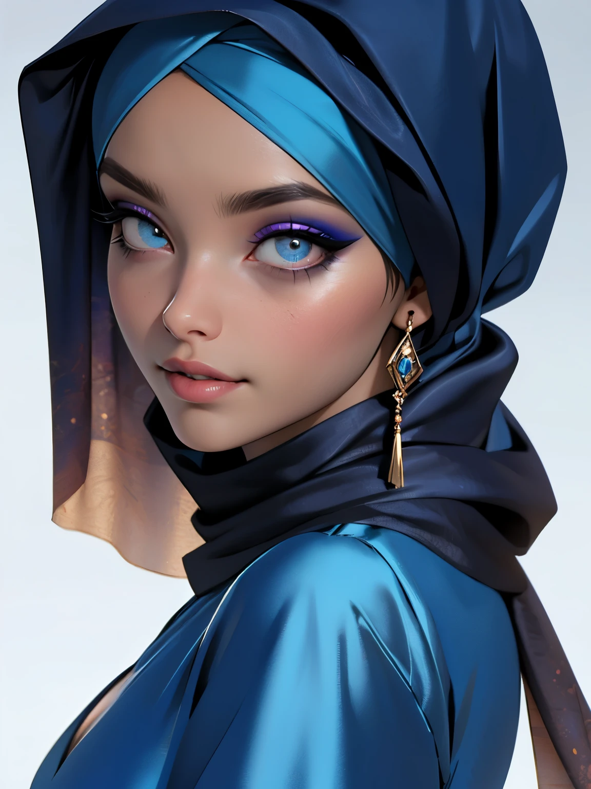 3dmm style, (Masterpiece), realistic, best quality, best lighting, extremely detailed artgerm, style artgerm, beautiful mature woman, 1 girl photo solo, beautifully makeup, eyeshadow, Parted Lips, Detailed Eyes, ((beautiful big eyes)), long eye lashes, dimples on the cheeks, smile, wearing silk turban hijab, ((Dark blue satin hijab)), loosely tide hijab style, shining silk, satin, blue satin, ((Blue satin shirt and satin long skirt)), (Close-up portrait), Front view, Standing Symmetric Centre, facing the viewer, gray background.