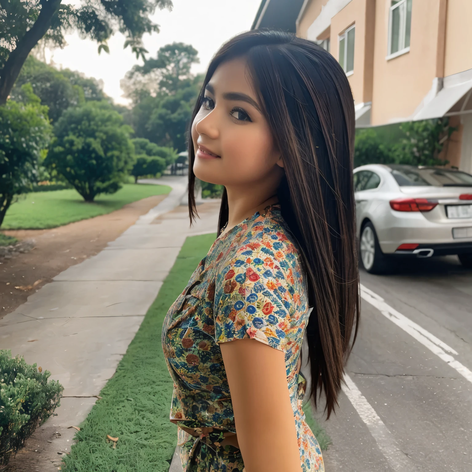 the girl was walking on the road,side view
