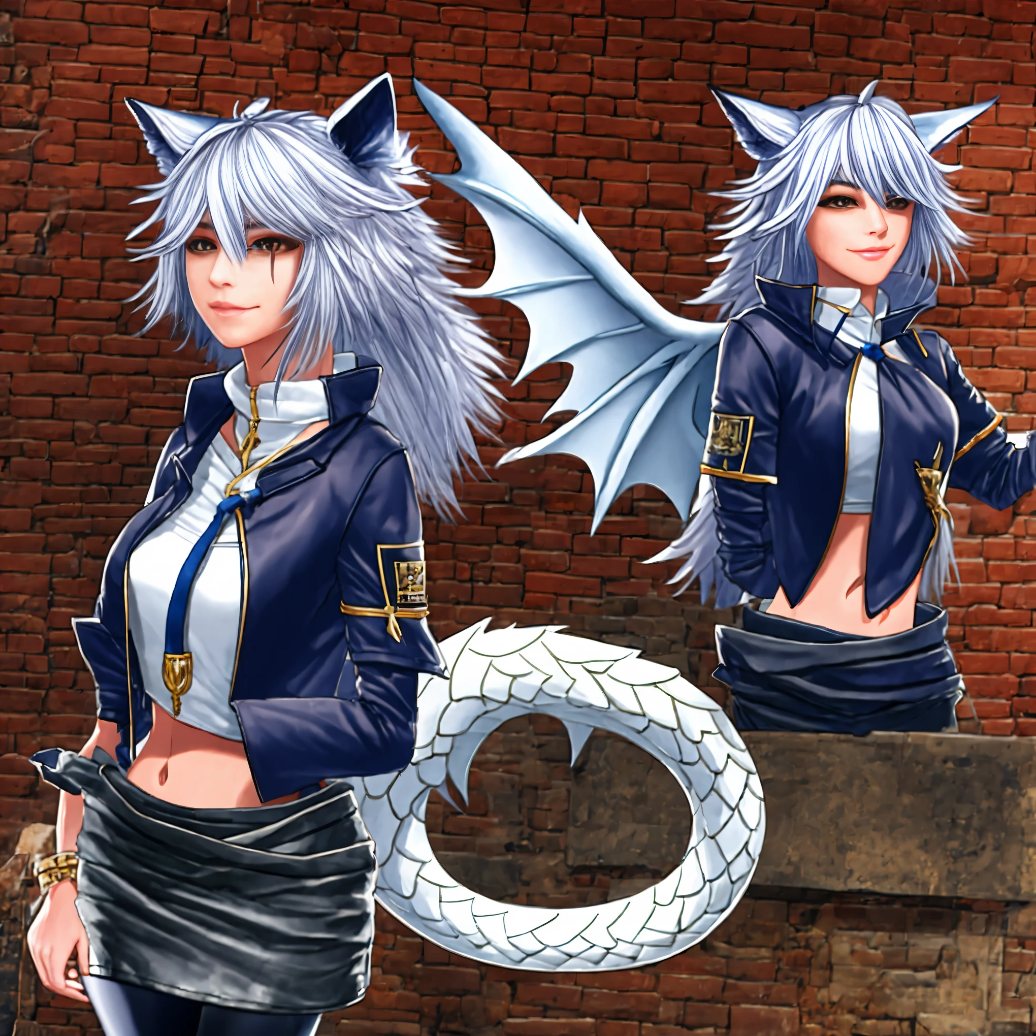 8k, resolution, high quality, high resolution, best quality, extremally detailed, best resolution, absurd resolution, ray tracing, high detailed, masterpiece, extremely detailed,detailed angelic face, shoulder length white hair, female,2 white wolf ears, teenage girl, slim body,white scale dragon tail, military boots,black leggings, navel blue school skirt, sailer shirt, white jacket, medium size chest, detailed blue eyes, detailed beautiful face,solo female,1 dragon tail, detailed eyes, tomboyish, dragon tail, white scales, 2 dragon wings, white fluffy wings