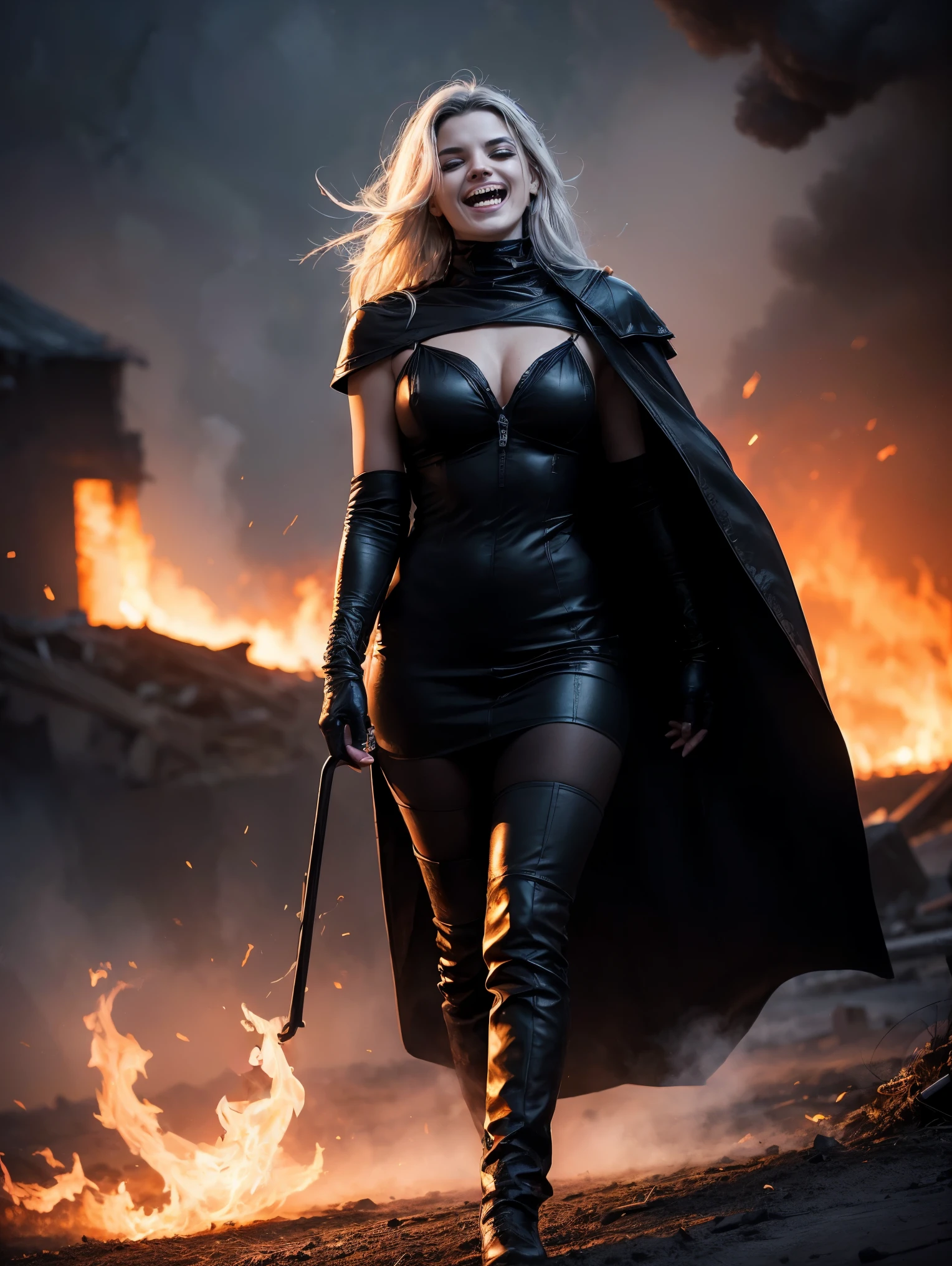 An ultra hot gorgeous European woman, age 23, she’s the Death (laughing out loud:1.3), blonde hair (with 1 lock of white hair:1.2).her hands are burning with fire. she’s walking on a ground full of skeletons and skulls after a disaster.smoke, flames, explosions. Dramatic cinematic light. Smoke, flames.cleavage