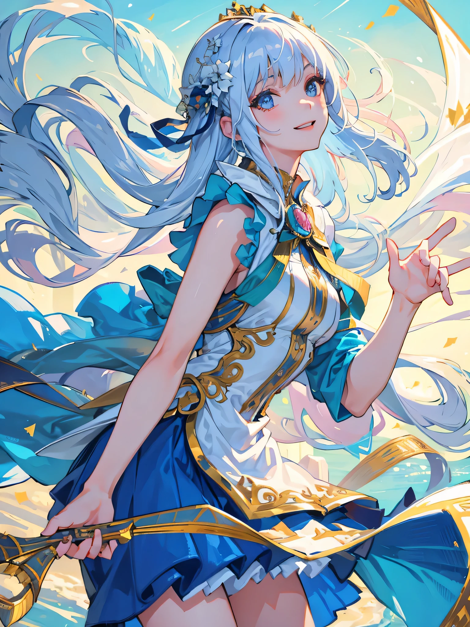 ((Masterpiece, highest quality)), (1 girl), (solo), (female focus),
Smile, wind, white image,
glitter, light,
beautiful scenery, background,