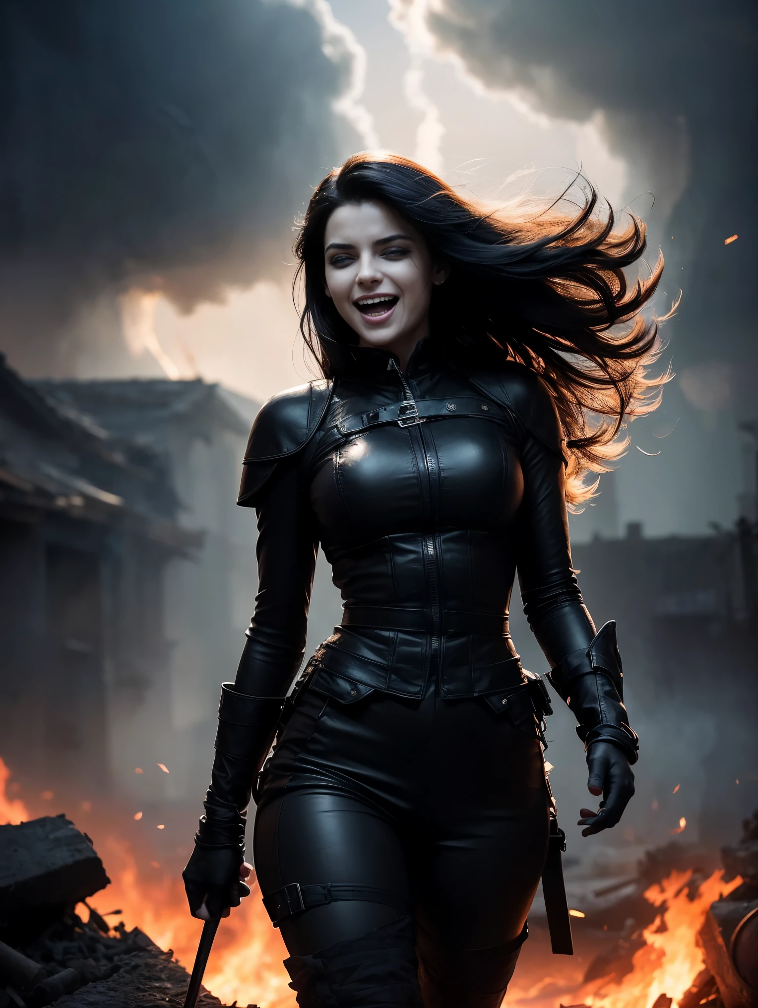 An ultra hot gorgeous European woman, age 23, she’s the Death (laughing out loud:1.3), black hair (and a lock of white hair:1.2).her hands are burning with fire. she’s walking on a ground full of skeletons and skulls after a disaster.smoke, flames, explosions. Dramatic cinematic light. Smoke, flames.cleavage