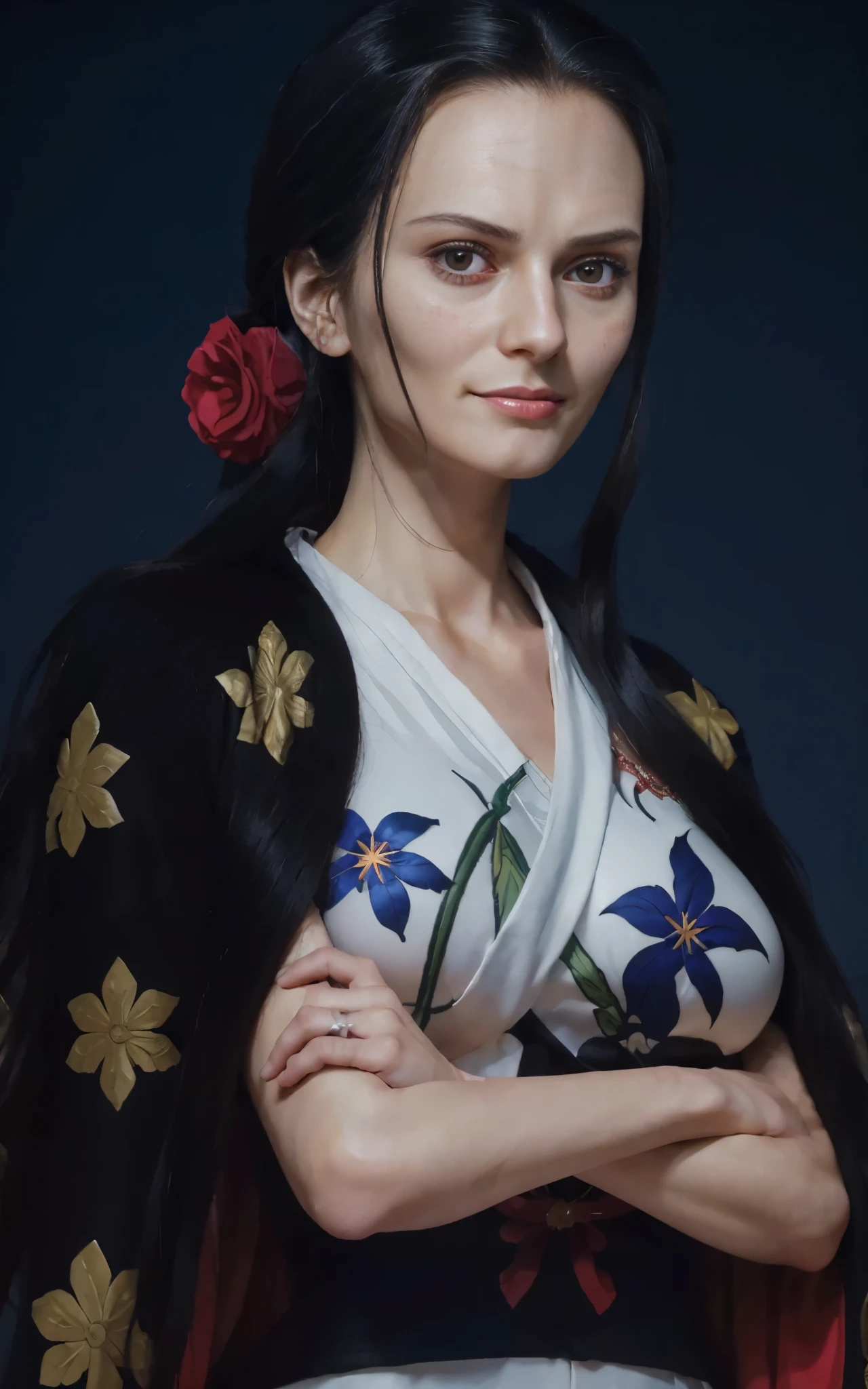 (masterpiece), (realistic), (ultra detailed), ( high reest quality), (photorealistic), (perfect face), (perfect anatomy), woman, female, solo, ((Russian people)) (((30 years old))), nico robin from one piece, nico robin, one piece, long hair, black hair, (((character facial expression happy)))