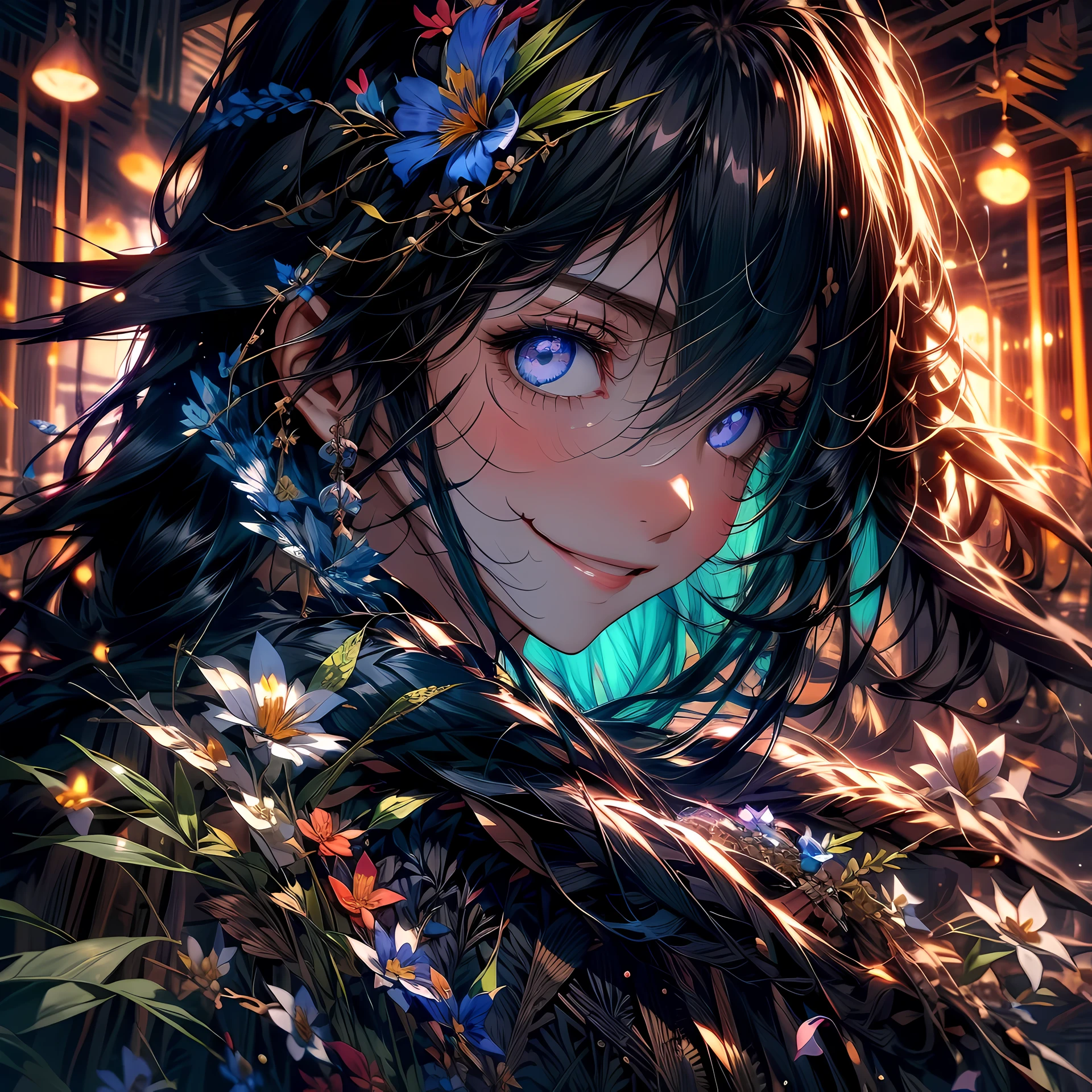 1 girl, flower, long hair, Eye, Smile, animal ears, Upper body, Tree, medium breasts, black hair, masterpiece, best quality,