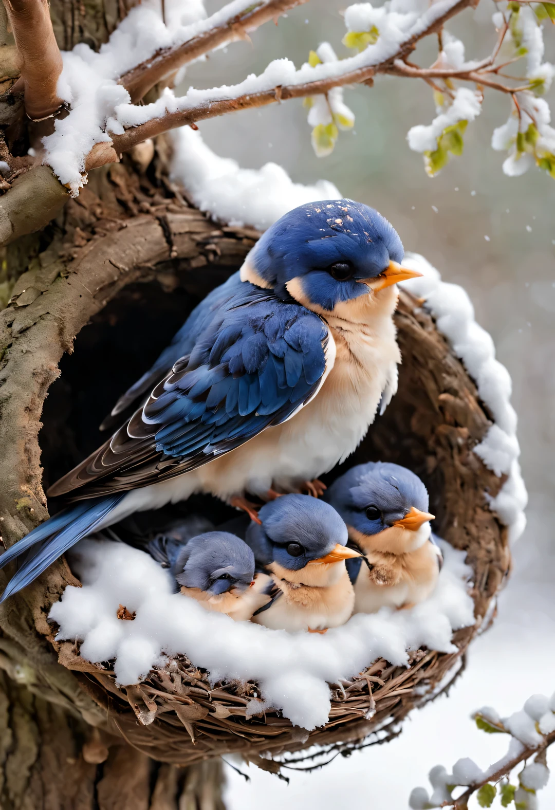 Gouache style, Beautiful detailed ，（Mother swallow is feeding the little swallow in the nest），（Two little swallows open their mouths，Use their young mouths to fight for the little bugs brought by their mothers。.），Feathers shine with blue-black sheen，Each piece is like a carefully polished gem，Exudes a charming light， The nest is sometimes built in a tree cavity，The nest is mainly made of a mixture of mud and saliva，cup or disk，The nest has a rough appearance，Color is gray or brown，It&#39;s smoother inside，The color is slightly lighter， background：（Under the snow-covered eaves：0.68），（Big nest covered with snow），（fisheye photography）