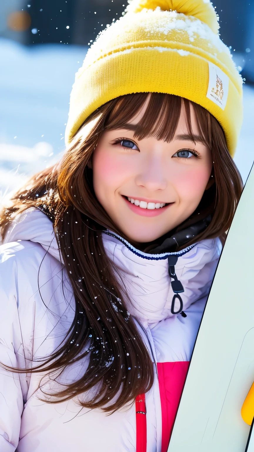 realistic, 1 girl, shining eyes, smile、brown hair、Ultra high definition、20-year-old、Ski resort、snow、ski wear、big breasts、goggles、beautiful eyes、snow board